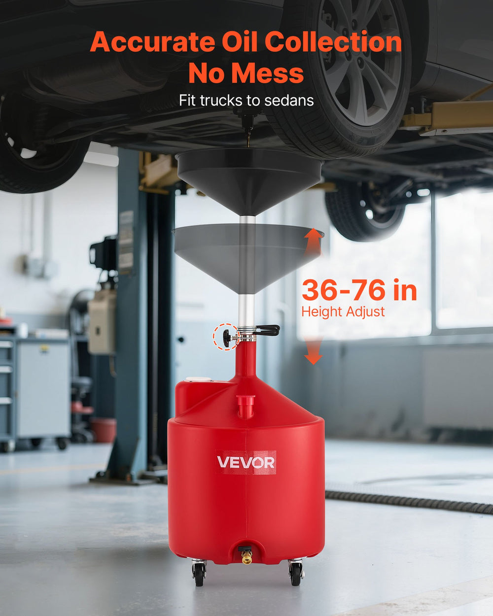 VEVOR 68L Waste Oil Drain Tank, Industrial Fluid Drain Tank with Adjustable Funnel Height, Portable Oil Drainer with Wheels, Fluid Fuel Transfer Drainage for Auto Repair Shops, Garages, Red