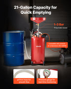 VEVOR 79.5L Waste Oil Drain Tank, Air Operated Portable Oil Drainer with Adjustable Funnel Height, Industrial Fluid Drain Tank with Wheels, Fluid Fuel Transfer Drainage for Auto Repair Shops, Red