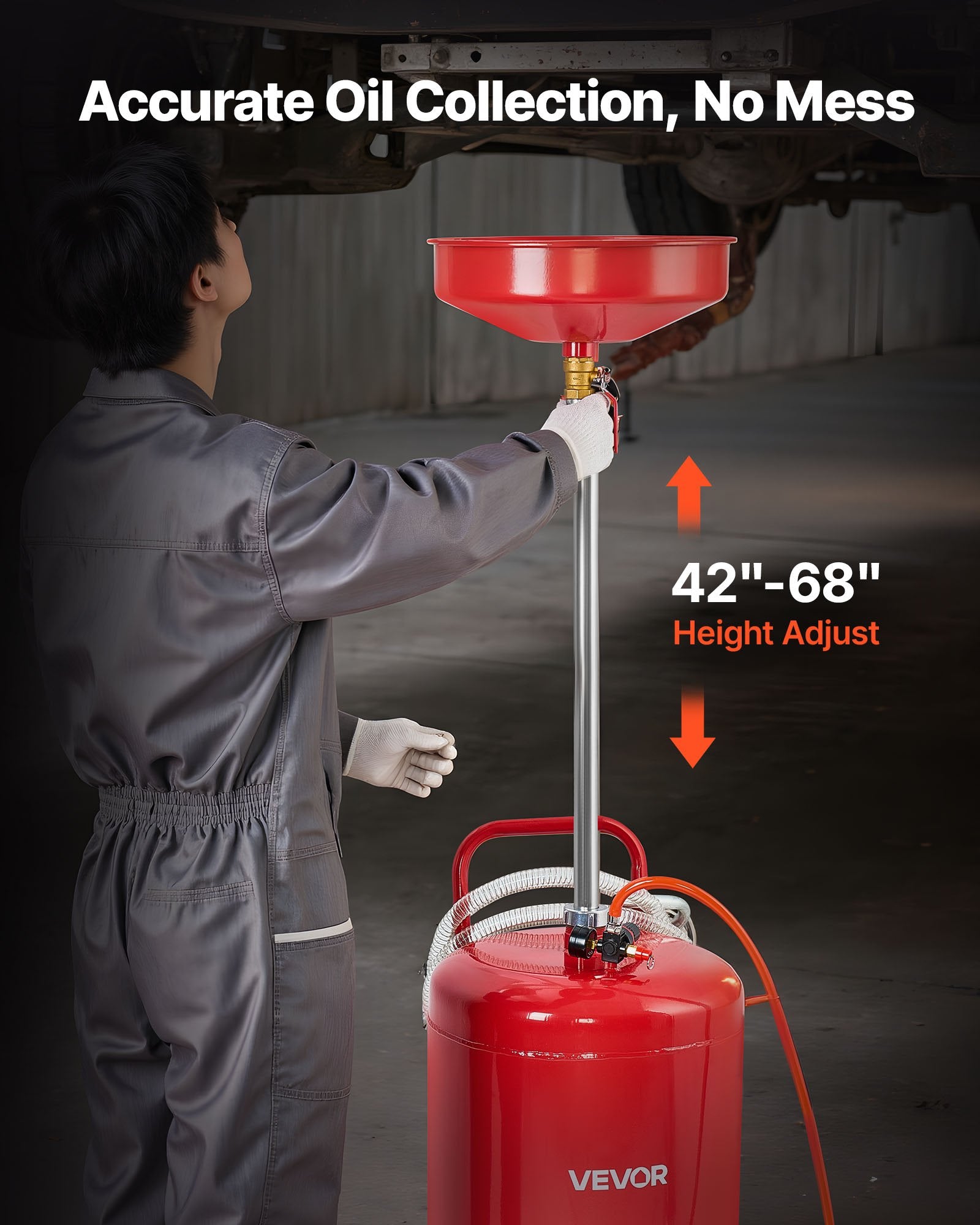 VEVOR 95L Waste Oil Drain Tank, Air Operated Portable Oil Drainer with Adjustable Funnel Height, Industrial Fluid Drain Tank with Wheels, Fluid Fuel Transfer Drainage for Auto Repair Shops, Red