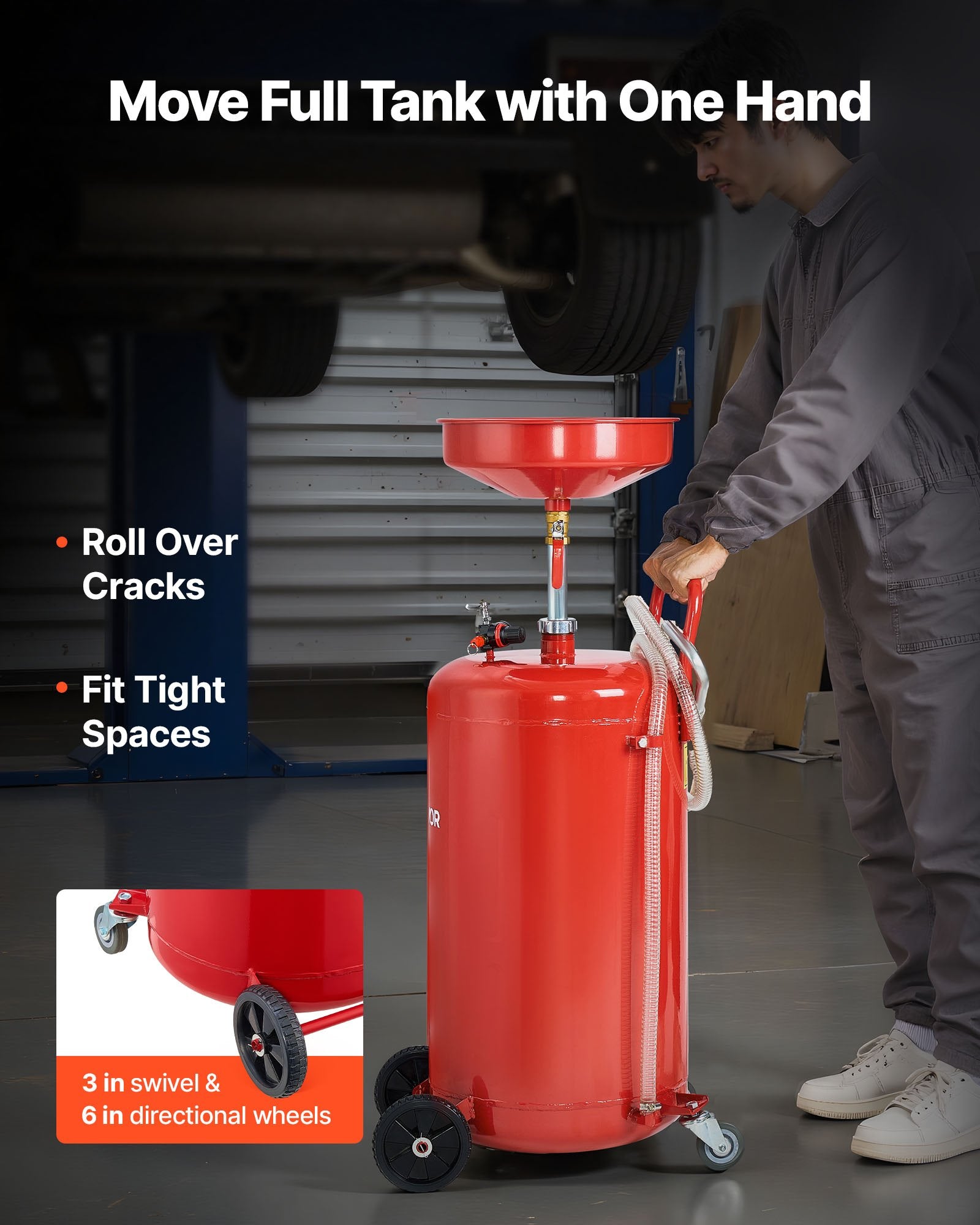 VEVOR 95L Waste Oil Drain Tank, Air Operated Portable Oil Drainer with Adjustable Funnel Height, Industrial Fluid Drain Tank with Wheels, Fluid Fuel Transfer Drainage for Auto Repair Shops, Red