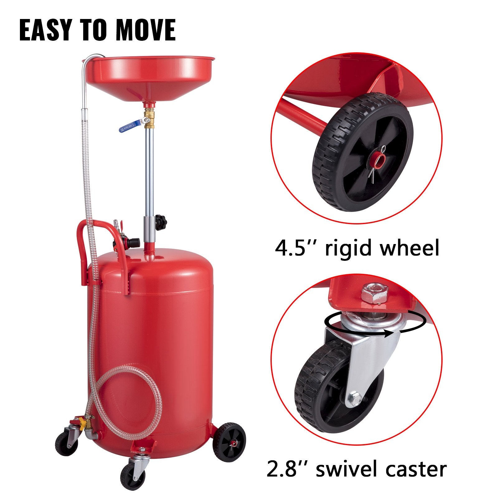 VEVOR Waste Oil Drain Tank 80 L Portable Oil Drain Air Operated Drainer Oil Change, Oil Drain Container, Fluid Fuel Transfer Drainage Adjustable Funnel Height, with Pressure Regulating Valve