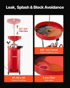 VEVOR 79.5L Waste Oil Drain Tank, Air Operated Portable Oil Drainer with Adjustable Funnel Height, Industrial Fluid Drain Tank with Wheels, Fluid Fuel Transfer Drainage for Auto Repair Shops, Red
