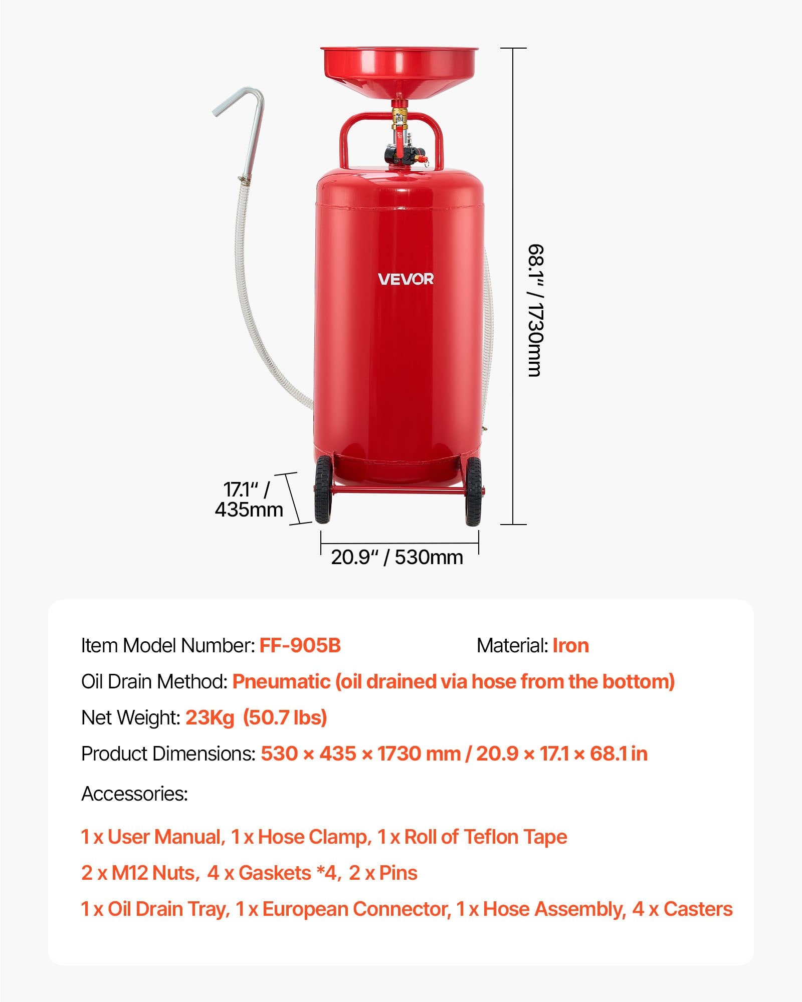 VEVOR 95L Waste Oil Drain Tank, Air Operated Portable Oil Drainer with Adjustable Funnel Height, Industrial Fluid Drain Tank with Wheels, Fluid Fuel Transfer Drainage for Auto Repair Shops, Red