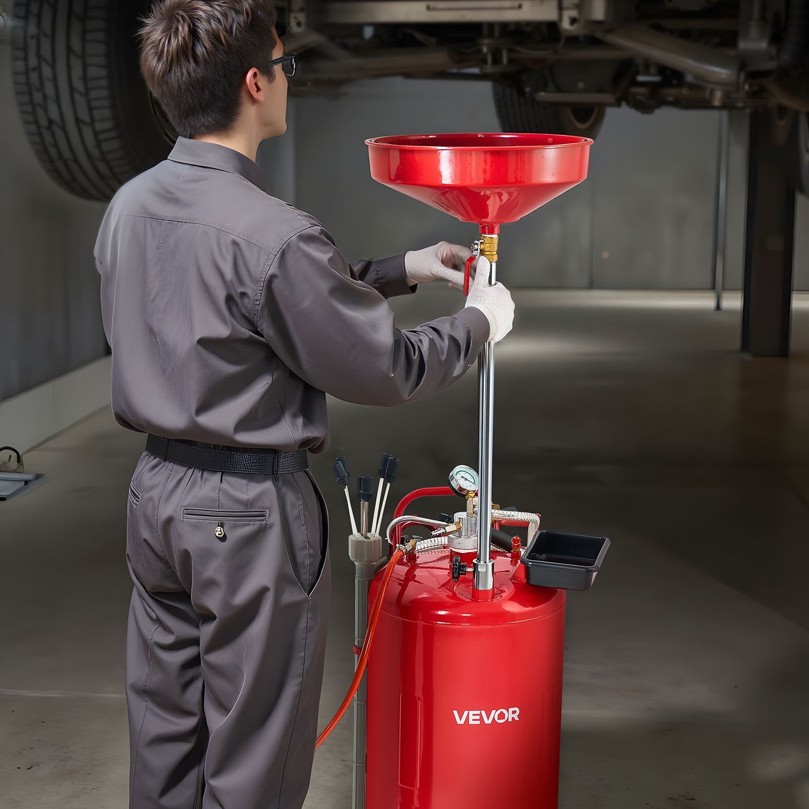 VEVOR 79.5L Waste Oil Drain Tank, Air Operated Portable Oil Drainer with Adjustable Funnel Height, Industrial Fluid Drain Tank with Wheels, Fluid Fuel Transfer Drainage for Auto Repair Shops, Red