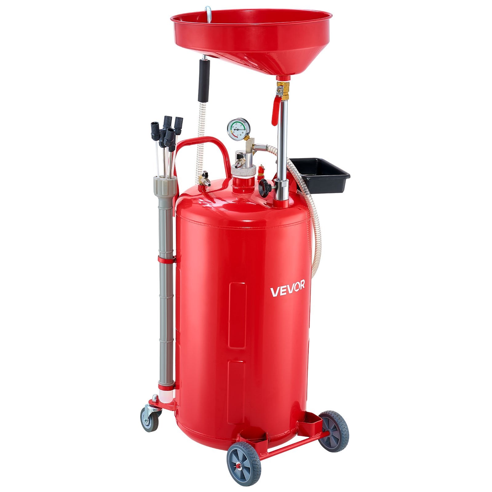 VEVOR 79.5L Waste Oil Drain Tank, Air Operated Portable Oil Drainer with Adjustable Funnel Height, Industrial Fluid Drain Tank with Wheels, Fluid Fuel Transfer Drainage for Auto Repair Shops, Red