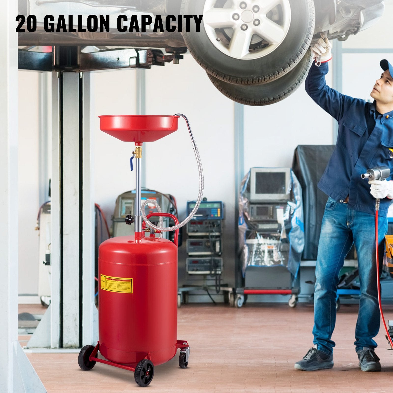 VEVOR Waste Oil Drain Tank 80 L Portable Oil Drain Air Operated Drainer Oil Change, Oil Drain Container, Fluid Fuel Transfer Drainage Adjustable Funnel Height, with Wheel for Easy Oil Removal