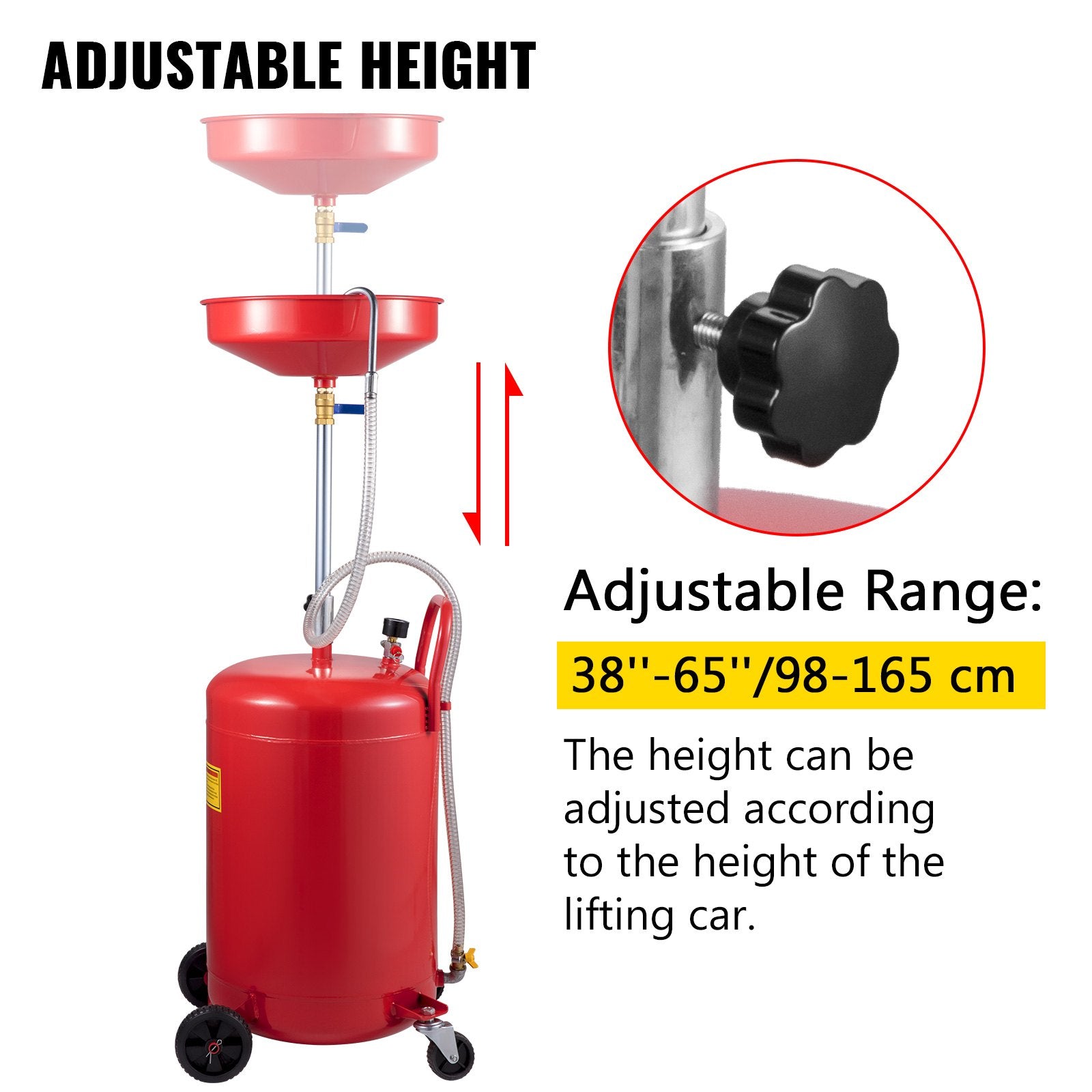 VEVOR Waste Oil Drain Tank 80 L Portable Oil Drain Air Operated Drainer Oil Change, Oil Drain Container, Fluid Fuel Transfer Drainage Adjustable Funnel Height, with Wheel for Easy Oil Removal