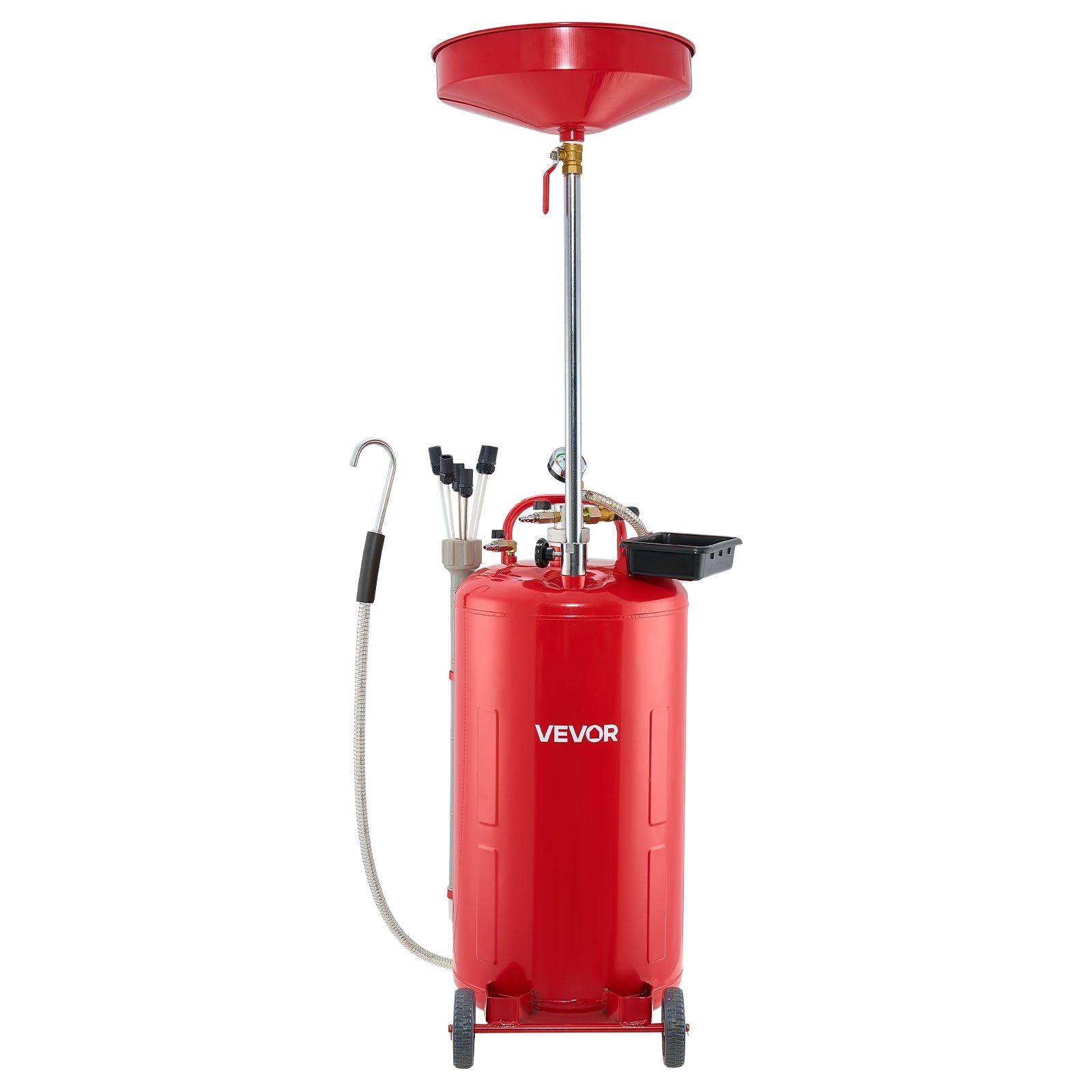 VEVOR 79.5L Waste Oil Drain Tank, Air Operated Portable Oil Drainer with Adjustable Funnel Height, Industrial Fluid Drain Tank with Wheels, Fluid Fuel Transfer Drainage for Auto Repair Shops, Red