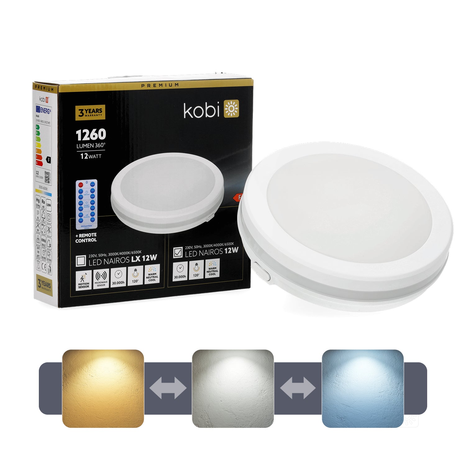 Ceiling lamp LED NAIROS 12W CCT IP65 white Kobi Premium