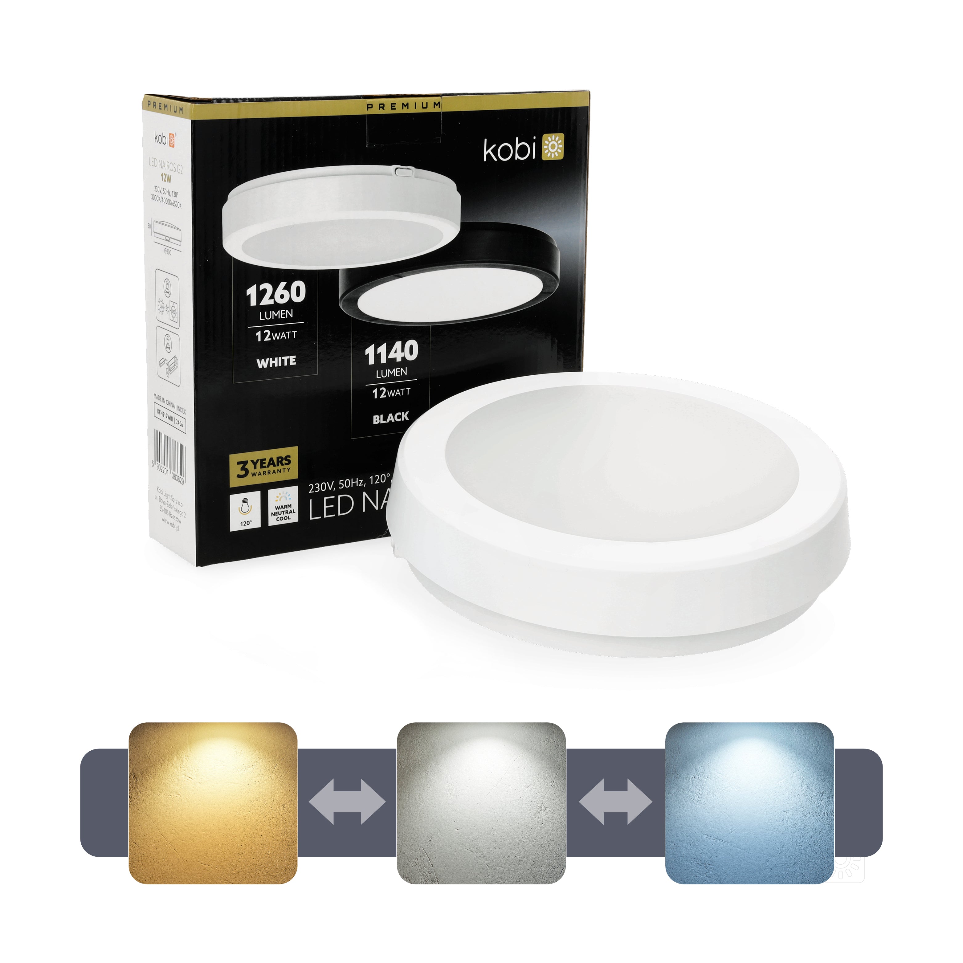 Ceiling lamp LED NAIROS G2 12W 3CCT IP65 white Kobi Premium