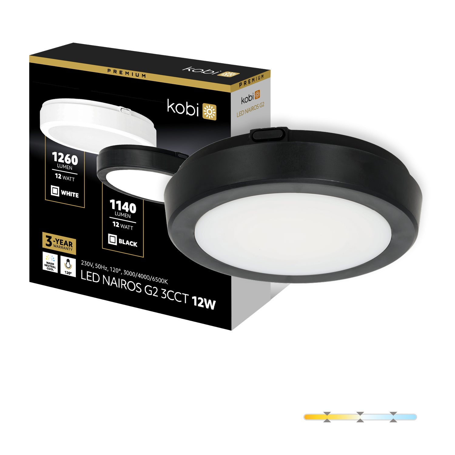 Ceiling lamp LED NAIROS G2 12W 3CCT IP65 black Kobi Premium