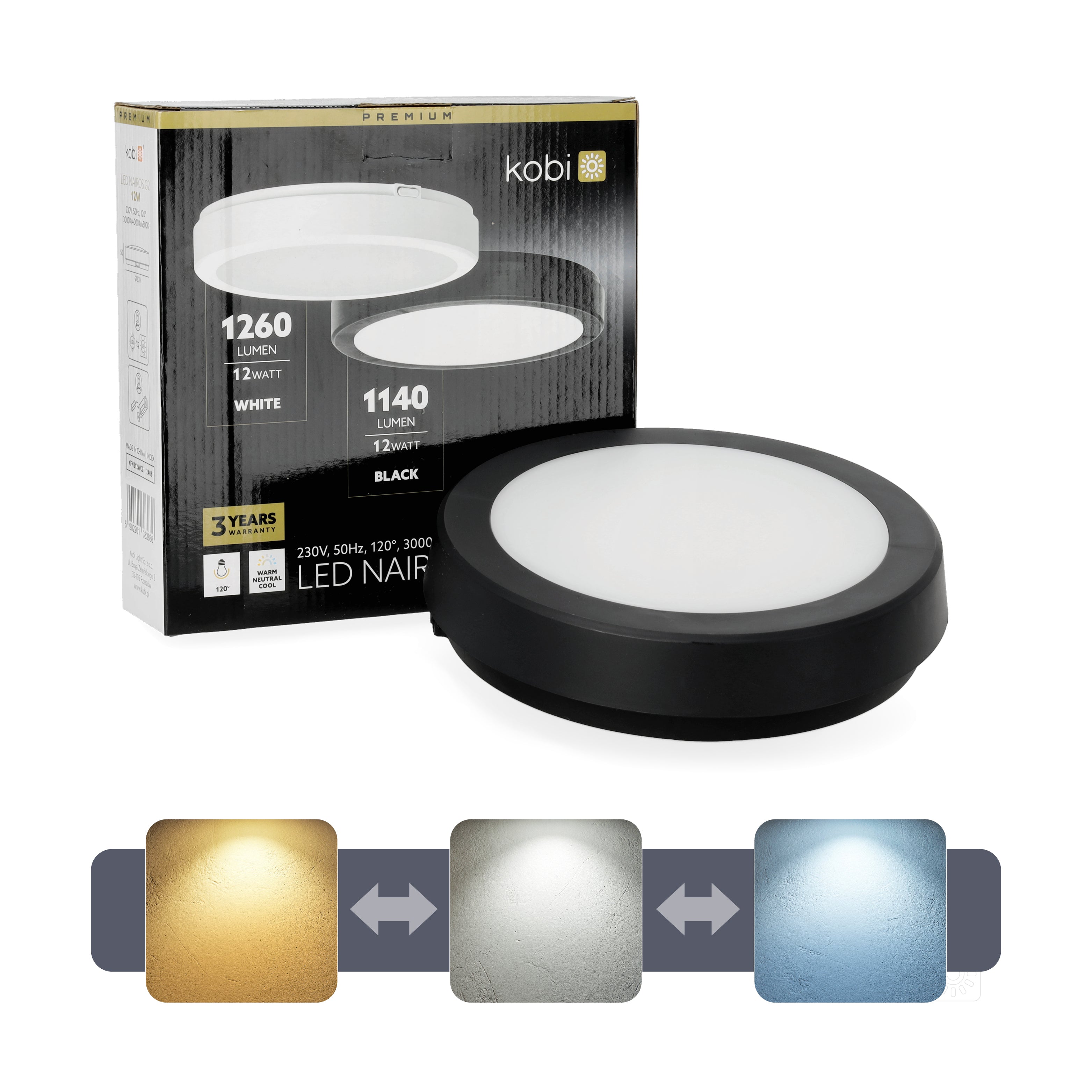 Ceiling lamp LED NAIROS G2 12W 3CCT IP65 black Kobi Premium
