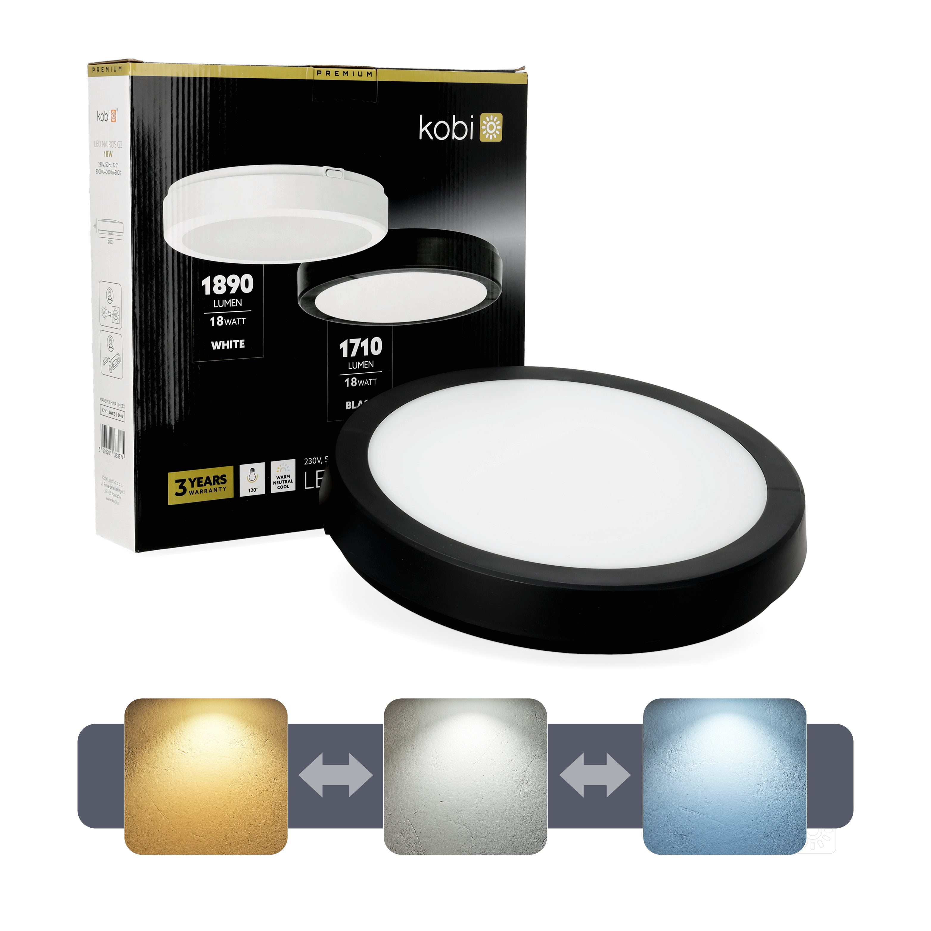 Ceiling lamp LED NAIROS G2 18W 3CCT IP65 black Kobi Premium