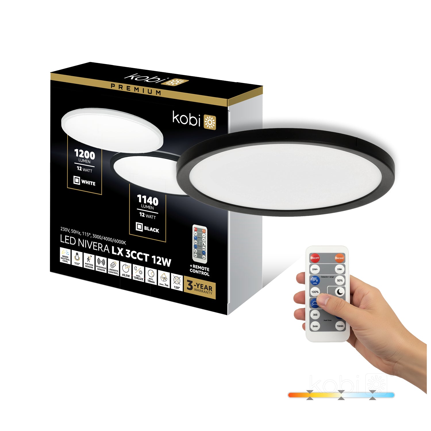 Ceiling lamp LED NIVERA CIRCLE 12W 3CCT LX IP54 black Kobi Premium