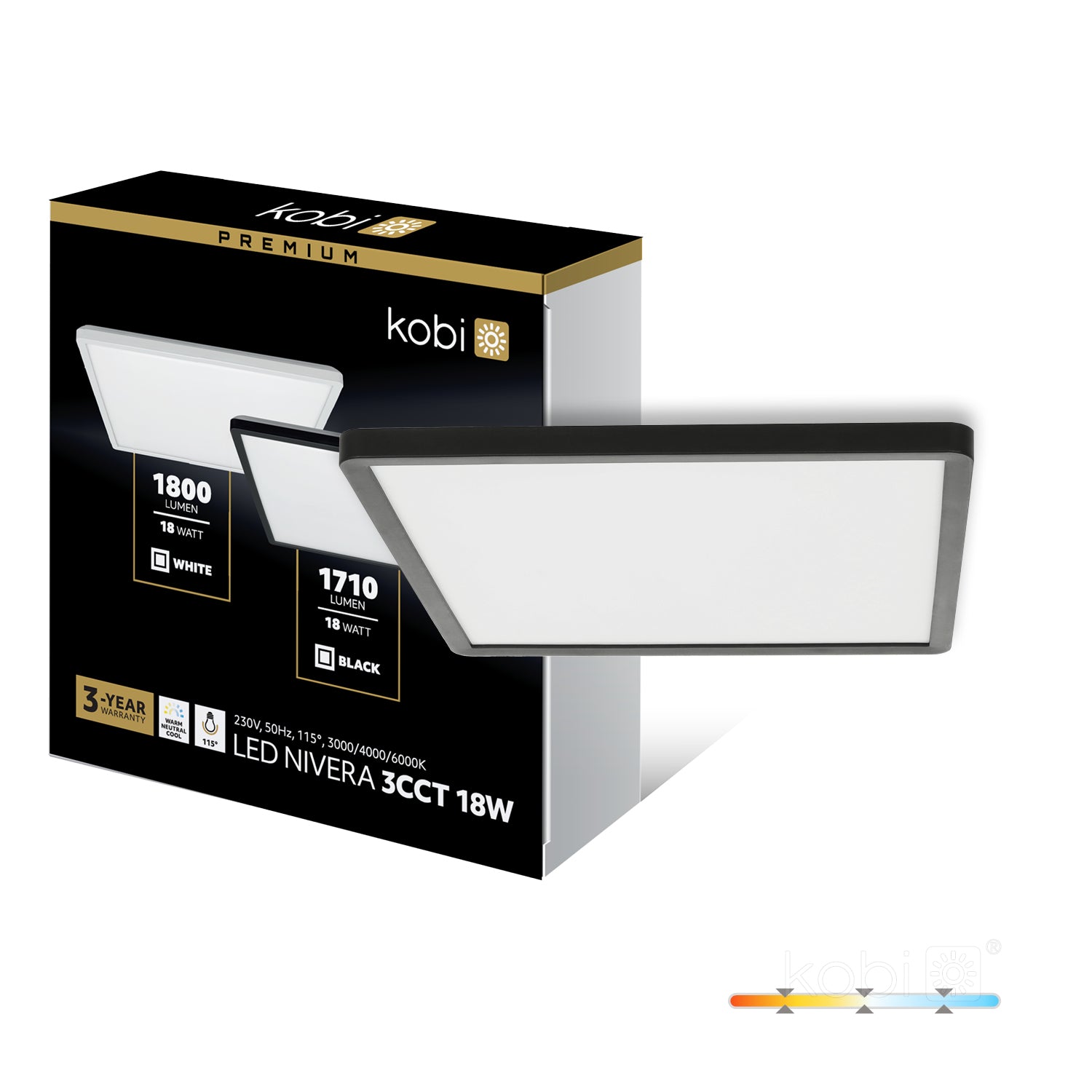 Ceiling lamp LED NIVERA SQUARE 18W 3CCT IP54 black Kobi Premium