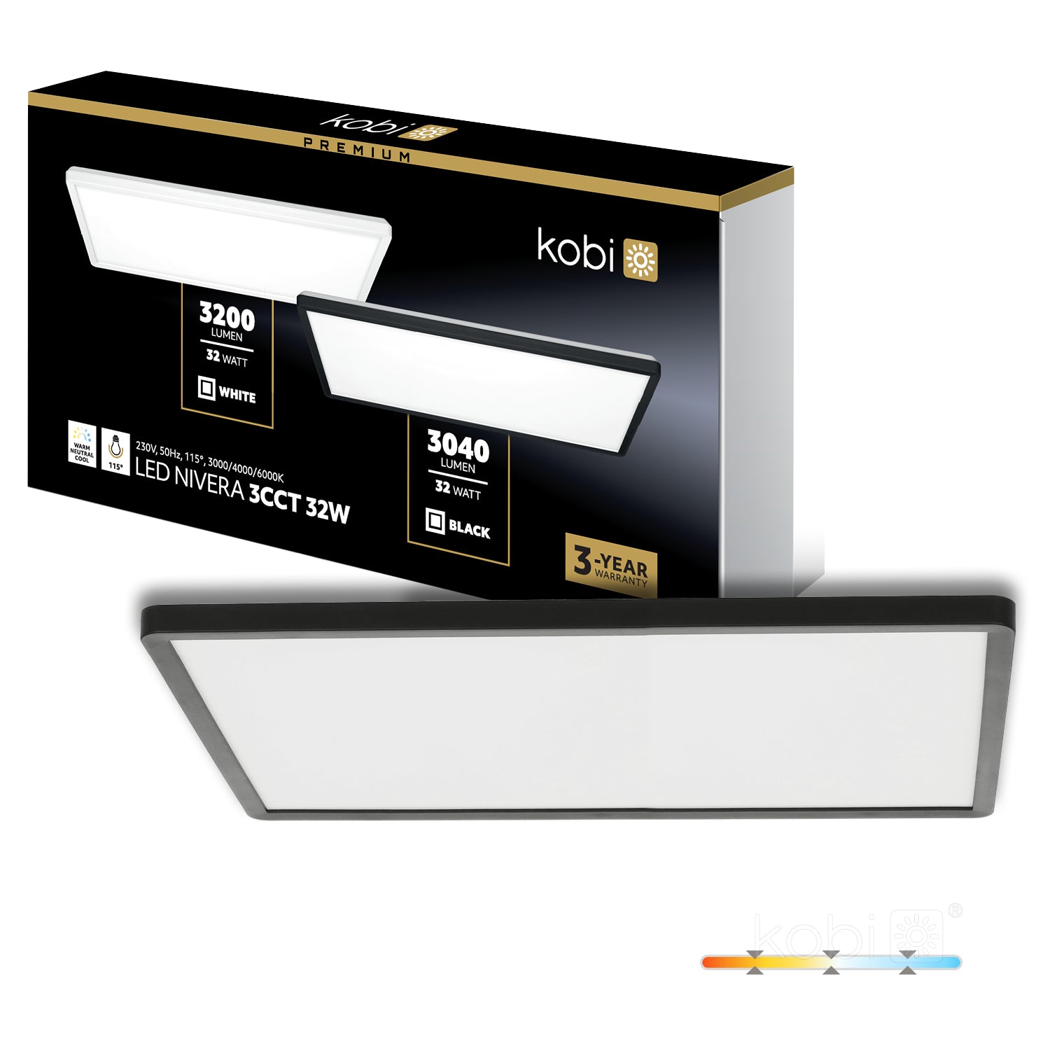 Ceiling lamp LED NIVERA SQUARE 32W 3CCT IP54 black Kobi Premium