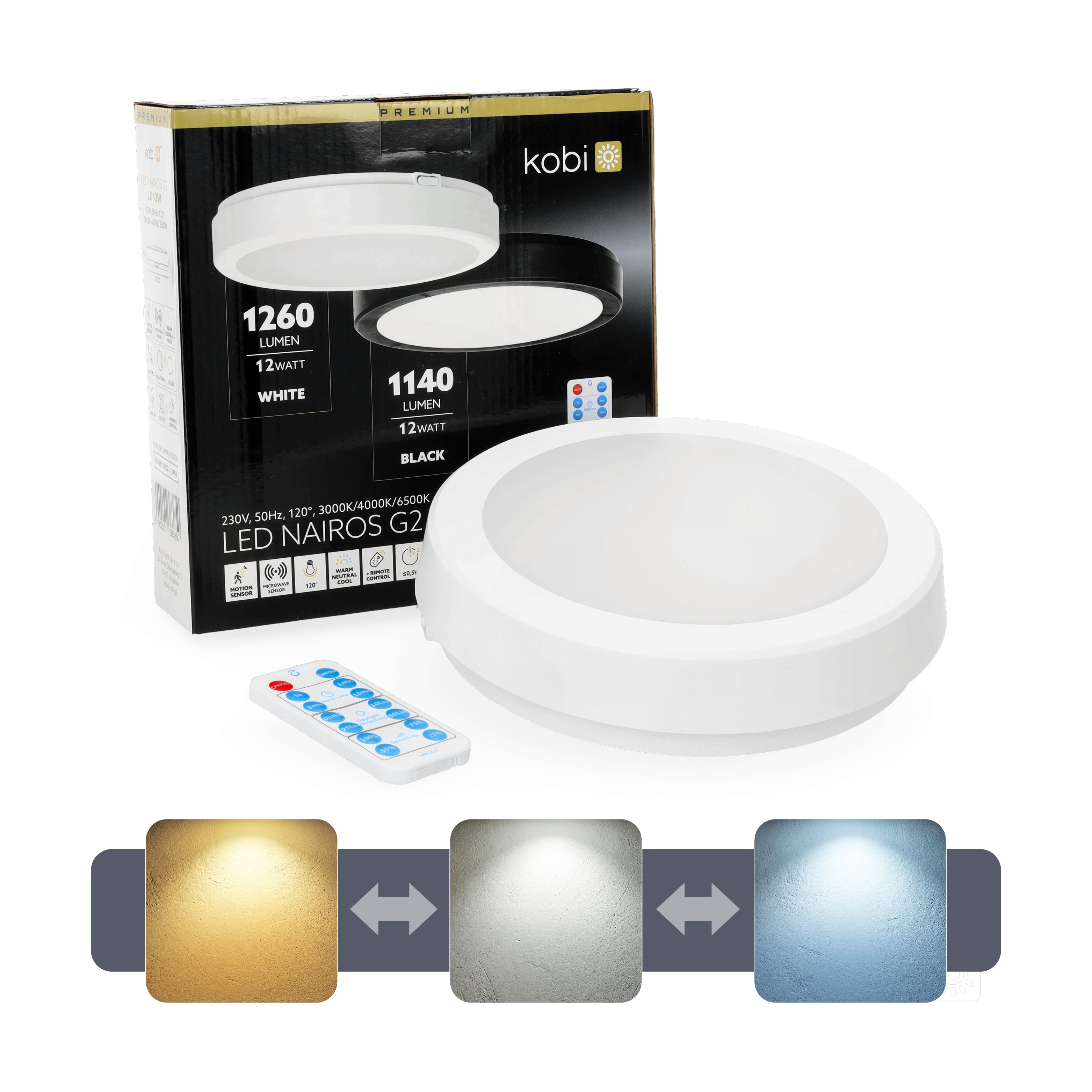 Ceiling lamp with motion sensor LED NAIROS G2 12W 3CCT LX IP65 white Kobi Premium