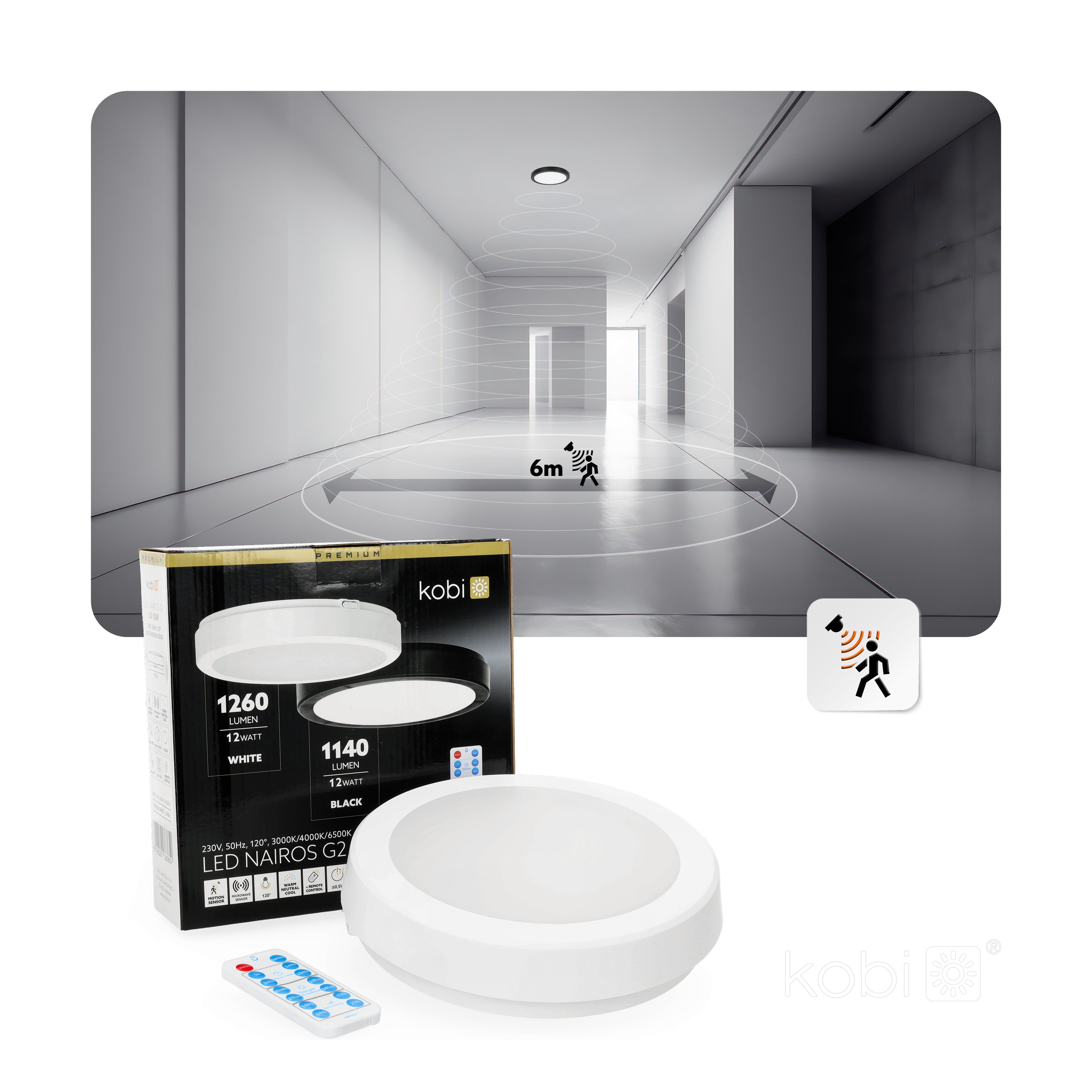 Ceiling lamp with motion sensor LED NAIROS G2 12W 3CCT LX IP65 white Kobi Premium