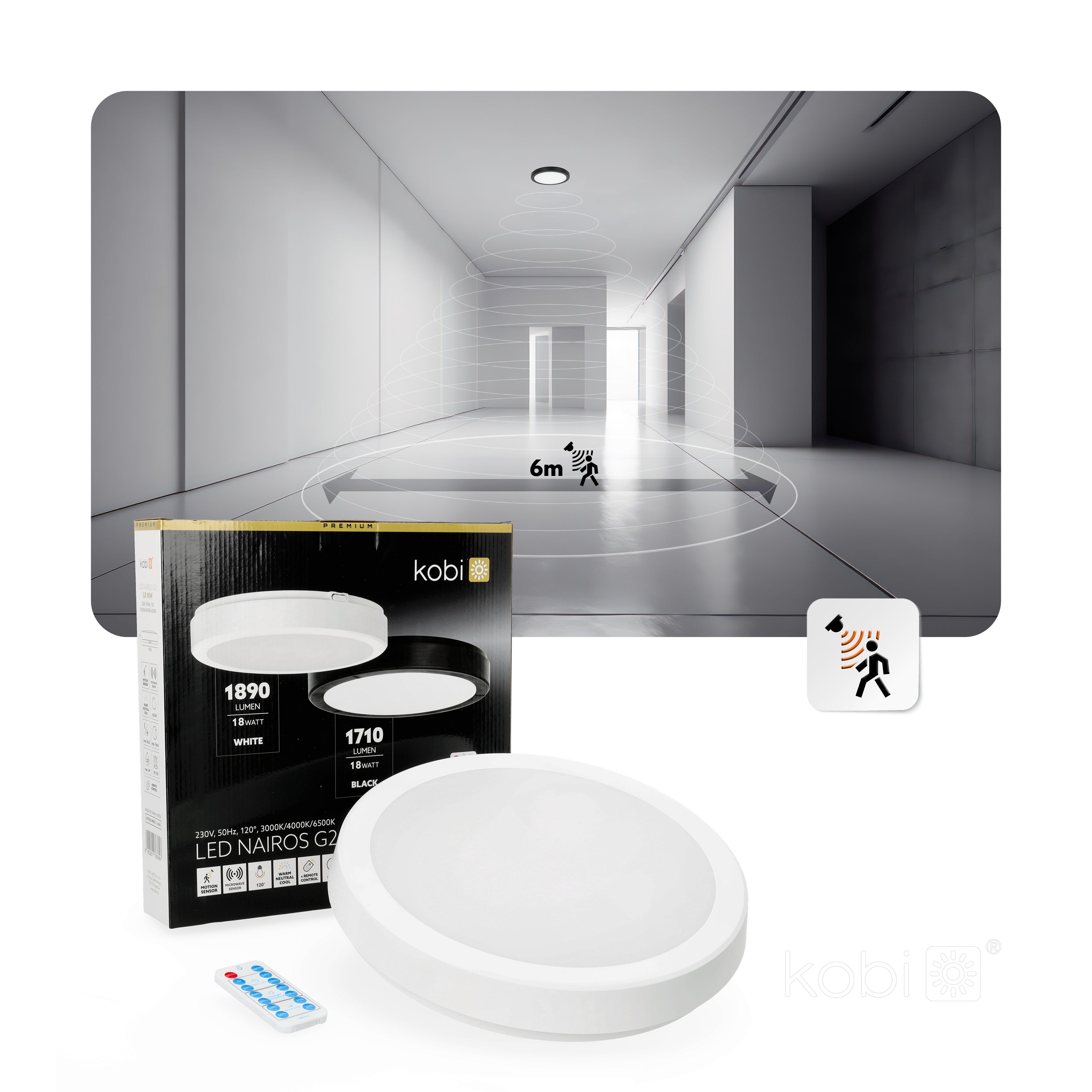 Ceiling lamp with motion sensor LED NAIROS G2 18W 3CCT LX IP65 white Kobi Premium