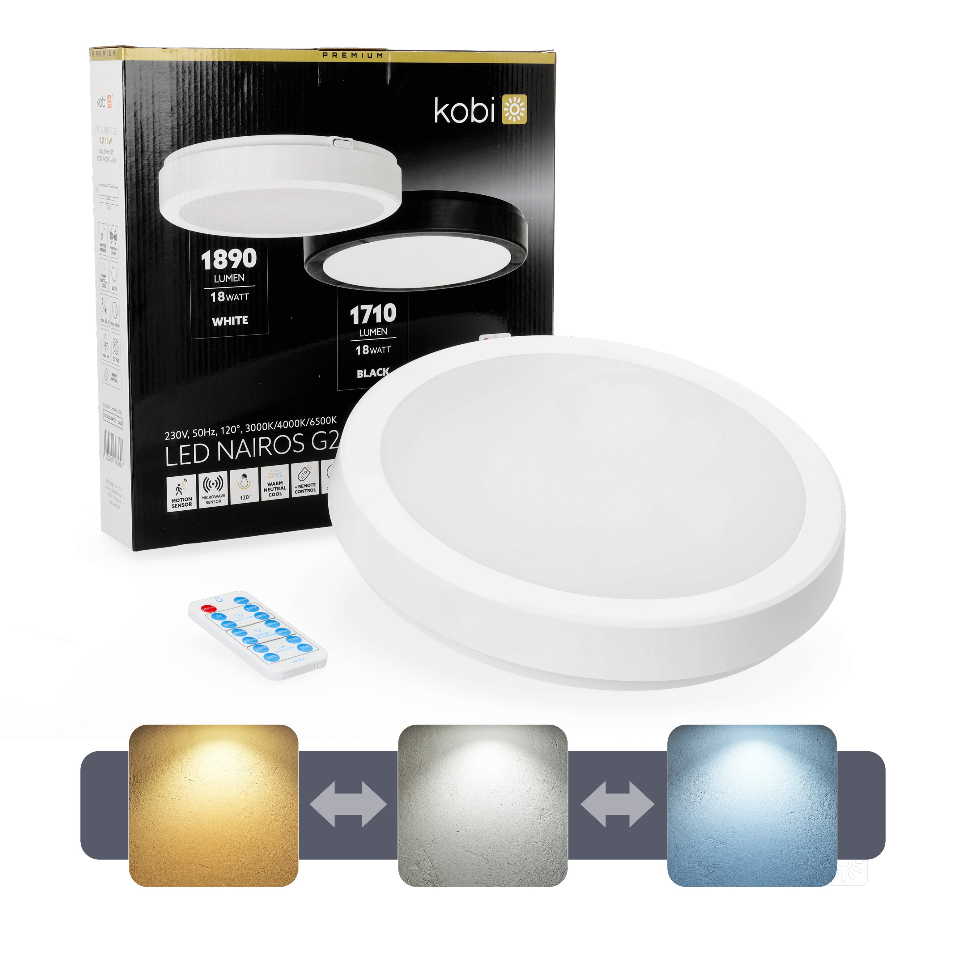 Ceiling lamp with motion sensor LED NAIROS G2 18W 3CCT LX IP65 white Kobi Premium