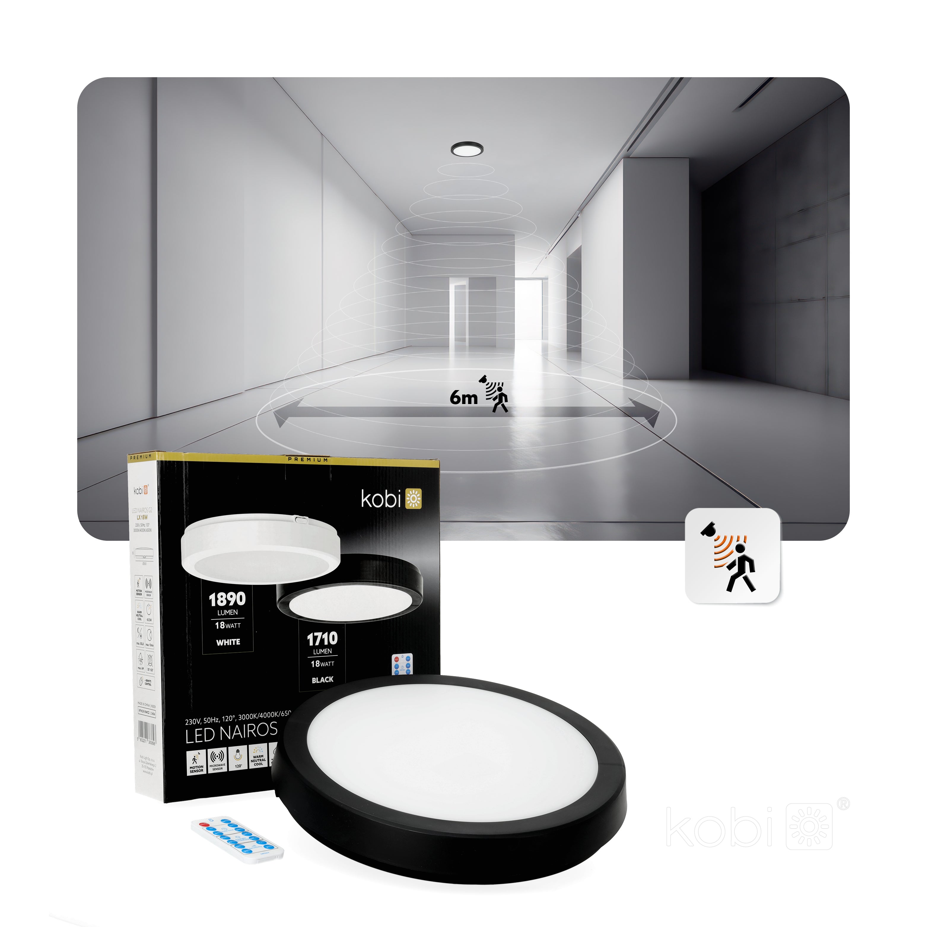 Ceiling lamp with motion sensor LED NAIROS G2 18W 3CCT LX IP65 black Kobi Premium