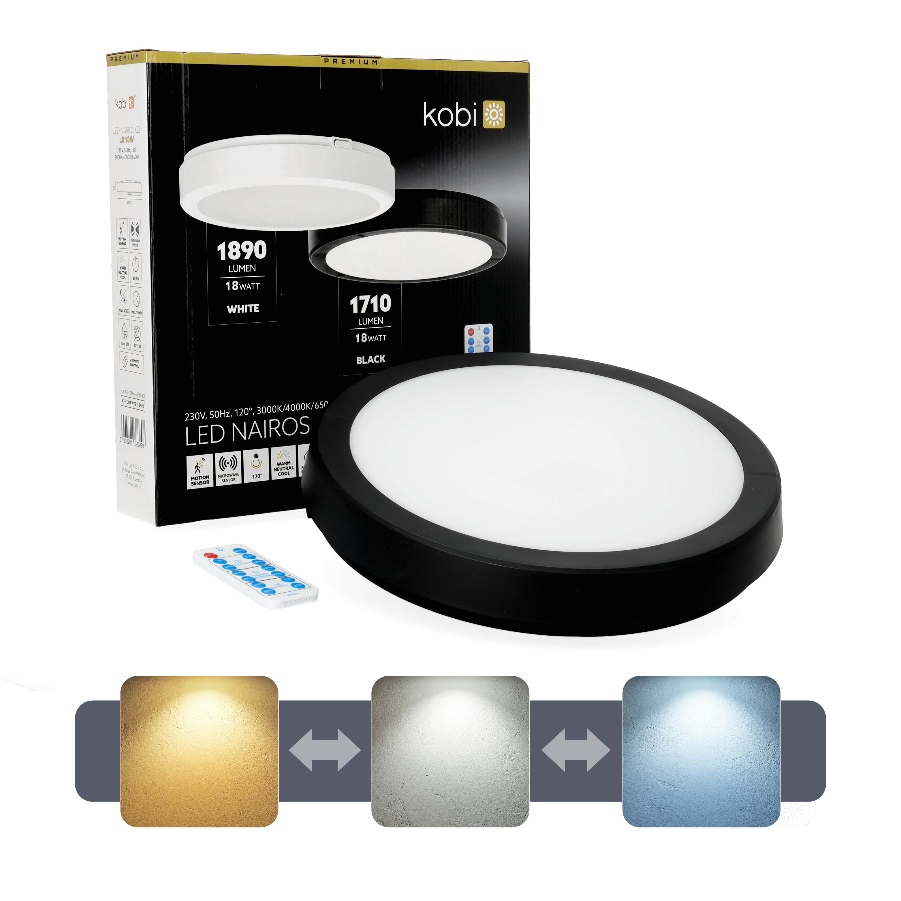 Ceiling lamp with motion sensor LED NAIROS G2 18W 3CCT LX IP65 black Kobi Premium