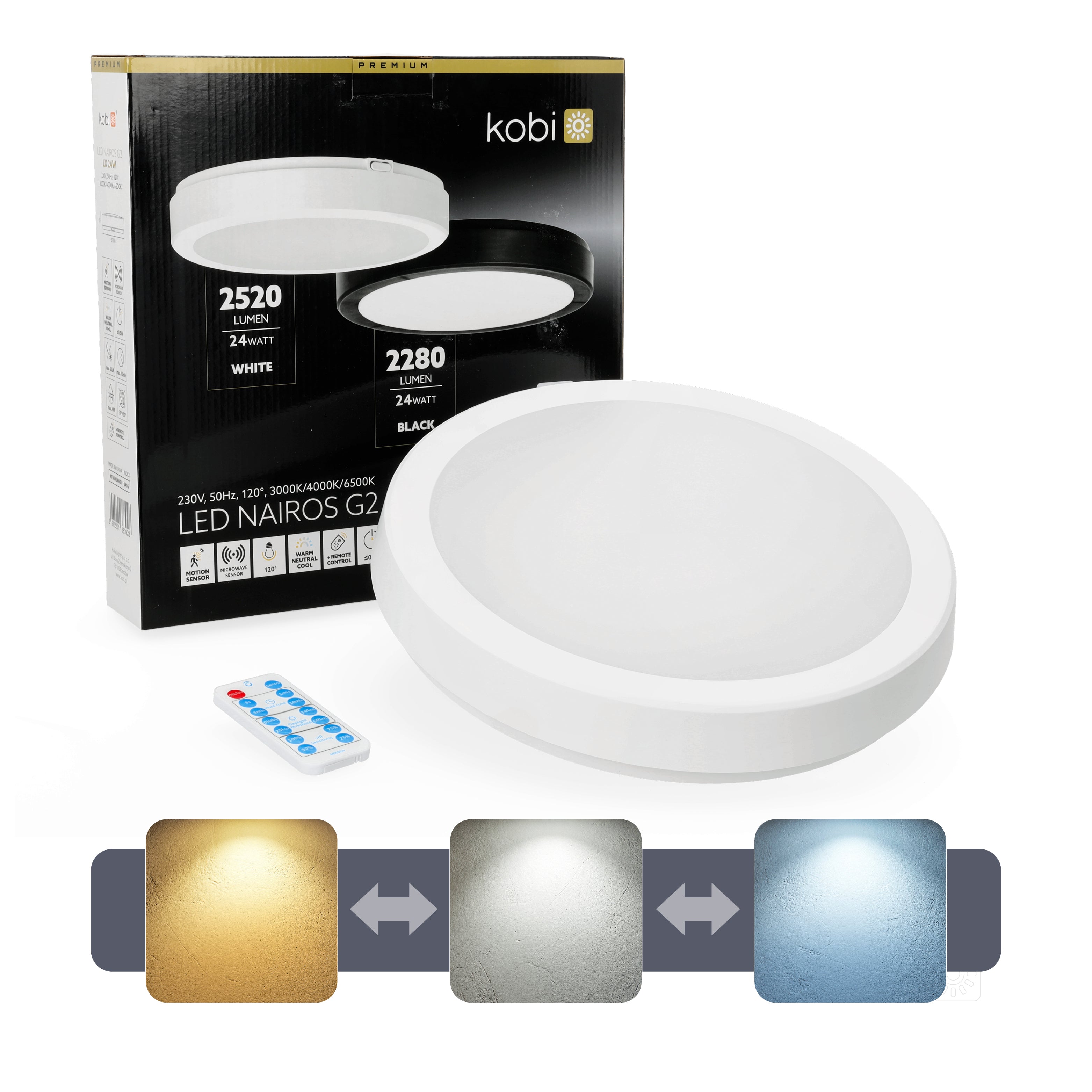 Ceiling lamp with motion sensor LED NAIROS G2 24W 3CCT LX IP65 white Kobi Premium