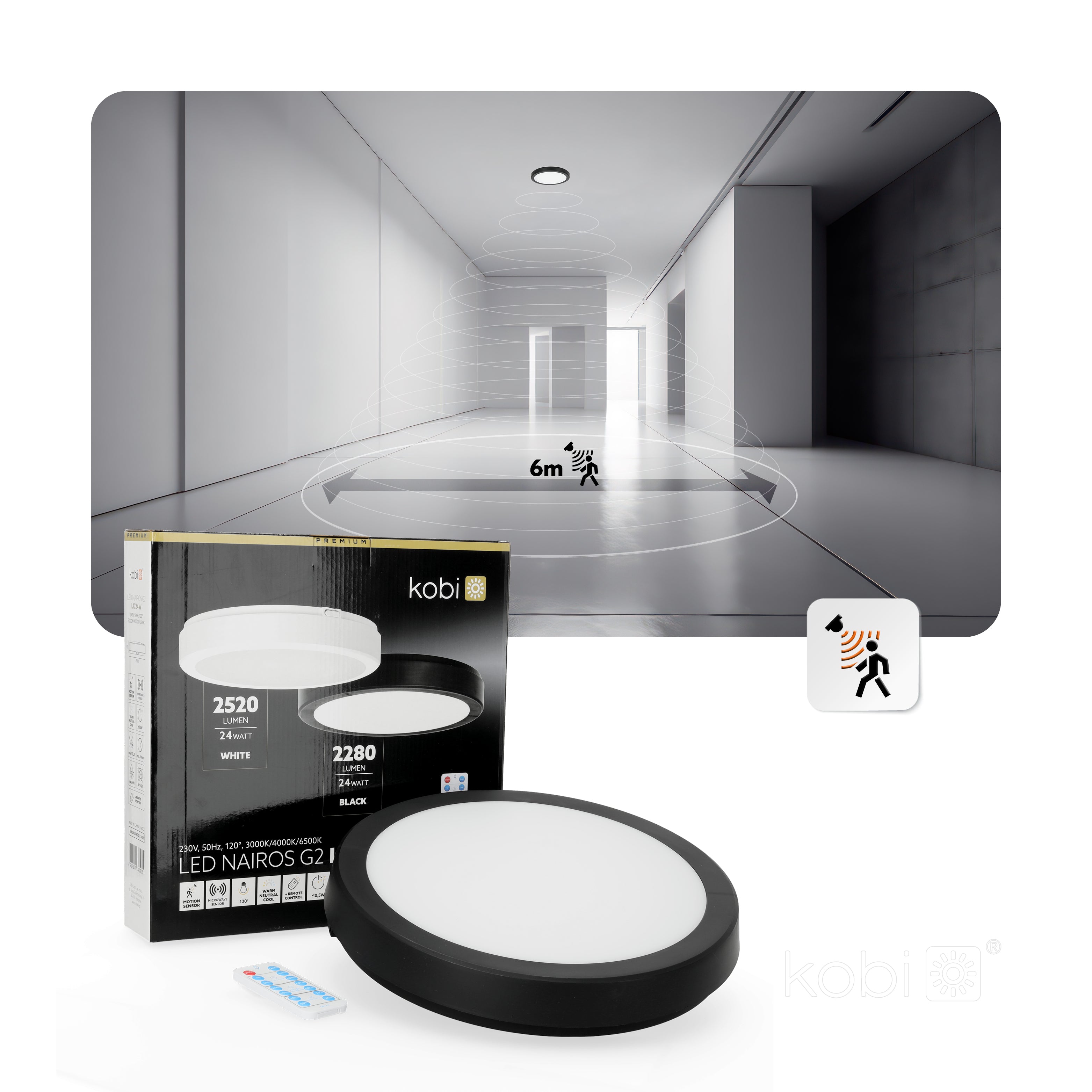 Ceiling lamp with motion sensor LED NAIROS G2 24W 3CCT LX IP65 black Kobi Premium