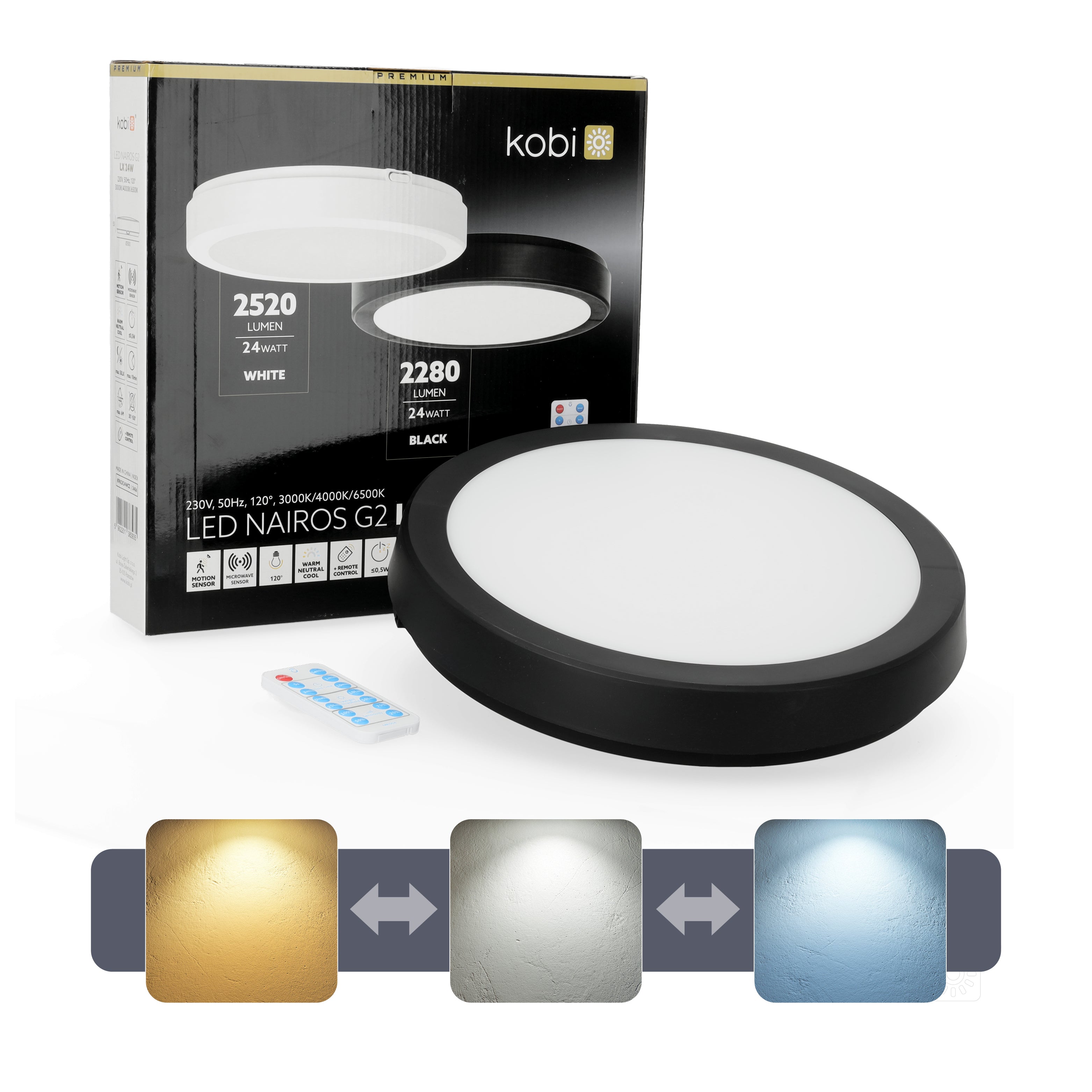 Ceiling lamp with motion sensor LED NAIROS G2 24W 3CCT LX IP65 black Kobi Premium