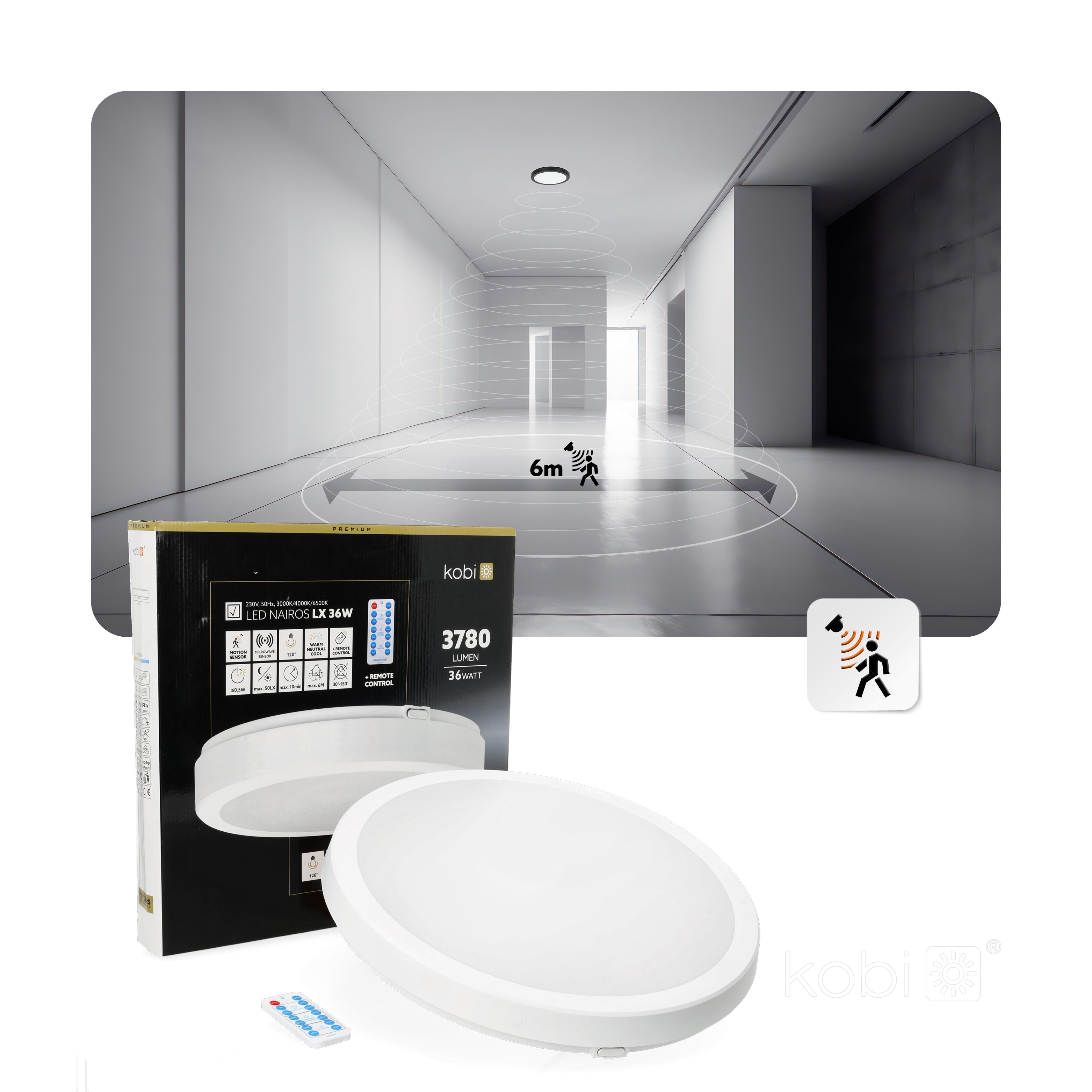 Ceiling lamp with motion sensor LED NAIROS G2 36W 3CCT LX IP65 white Kobi Premium