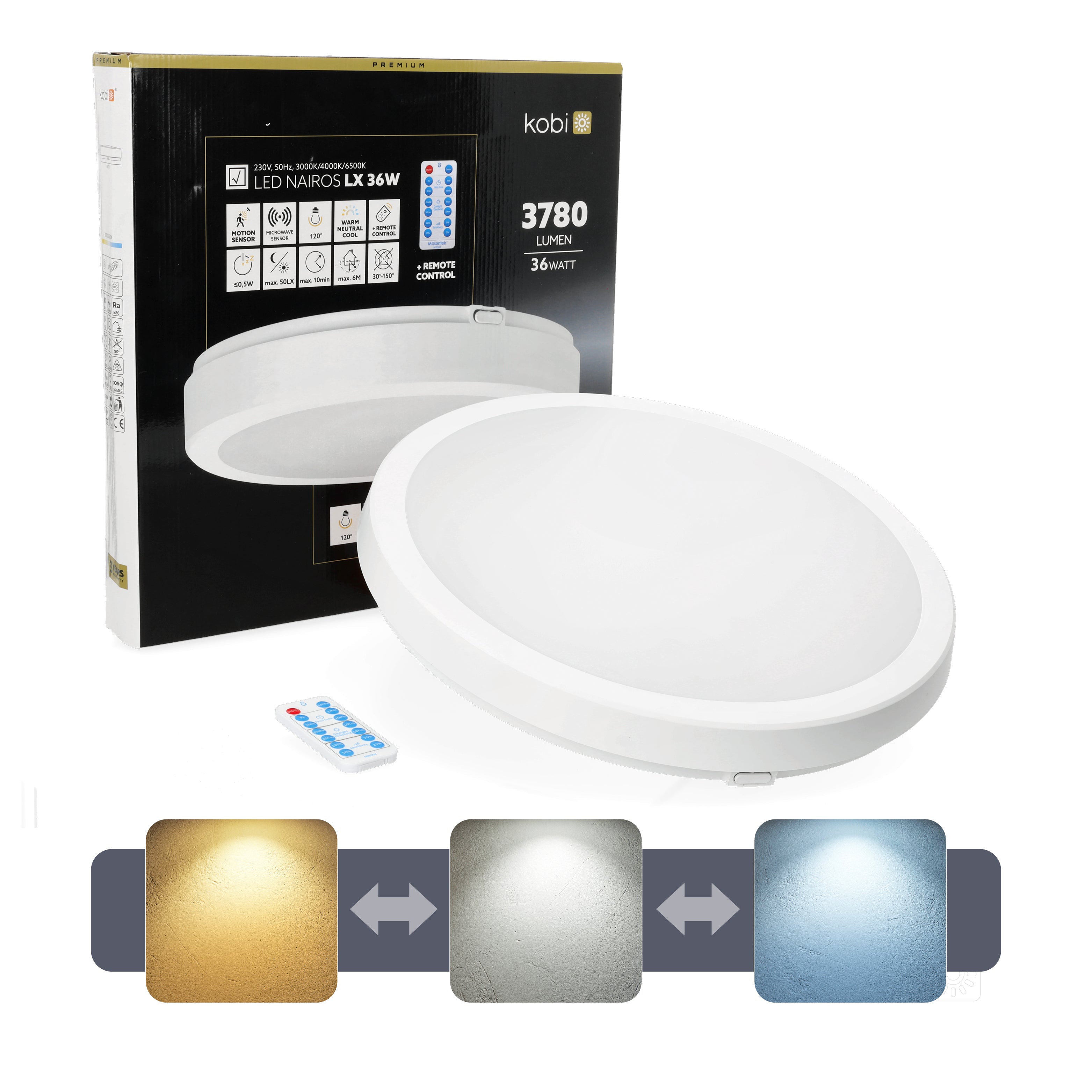 Ceiling lamp with motion sensor LED NAIROS G2 36W 3CCT LX IP65 white Kobi Premium