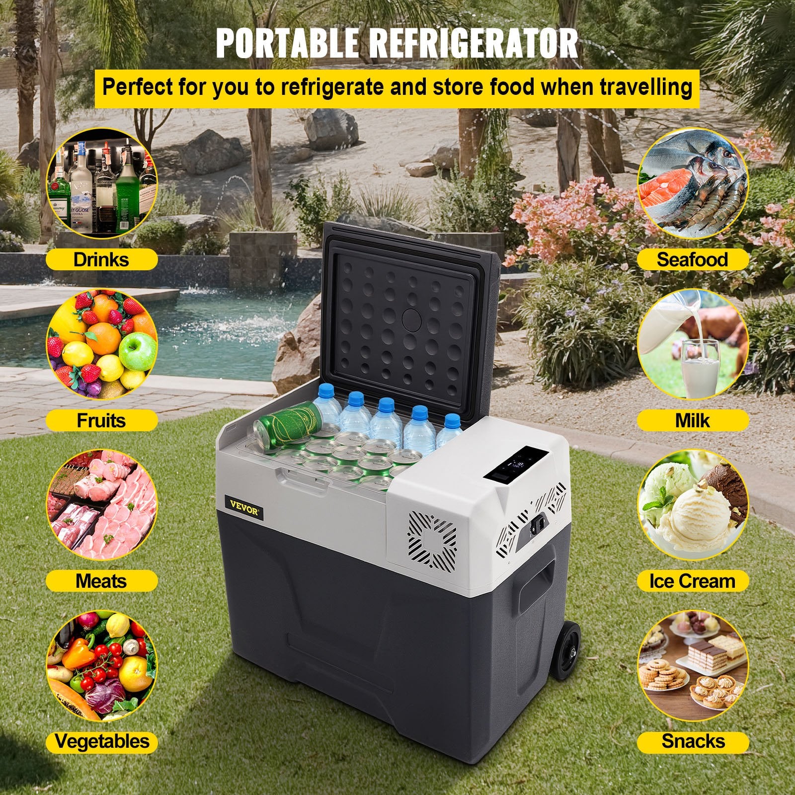 VEVOR Car Refrigerator, 12 Volt Car Refrigerator Fridge, 50 L Single Zone Portable Freezer with Wheels and Handle, -4℉-68℉, 12/24V DC and 100-240V AC Compressor Cooler for Outdoor, Camping