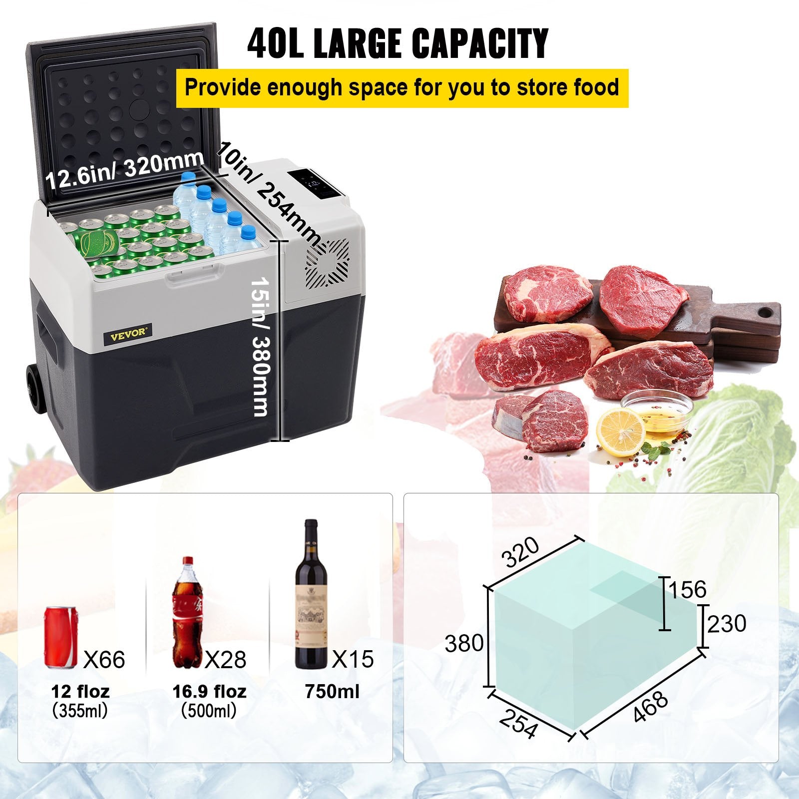 VEVOR Car Refrigerator, 12 Volt Car Refrigerator Fridge, 40 L Single Zone Portable Freezer with Wheels and Handle, -4℉-68℉, 12/24V DC and 100-240V AC Compressor Cooler for Outdoor, Camping