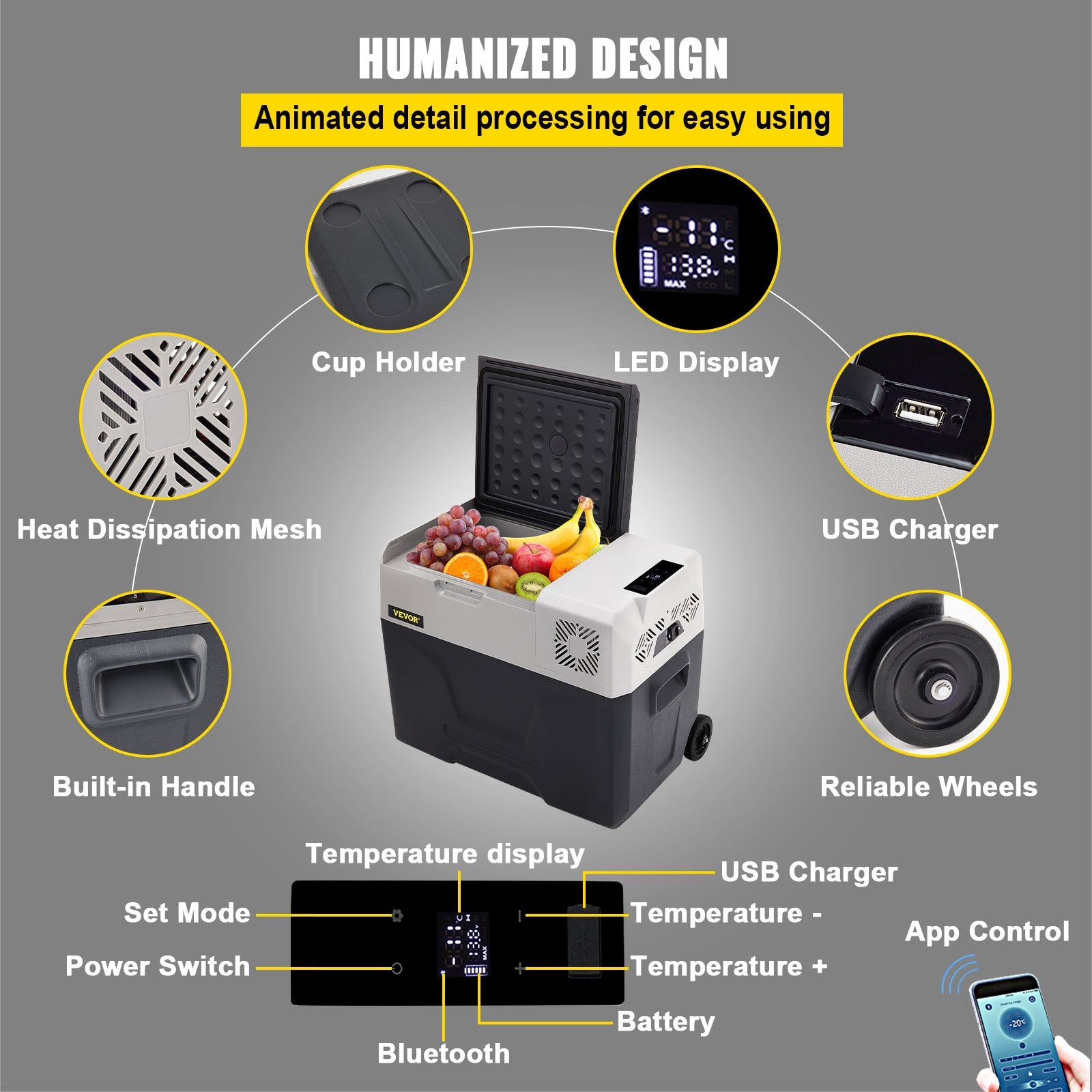 VEVOR Car Refrigerator, 12 Volt Car Refrigerator Fridge, 30 L Single Zone Portable Freezer with Wheels and Handle, -4℉-68℉, 12/24V DC and 100-240V AC Compressor Cooler for Outdoor, Camping