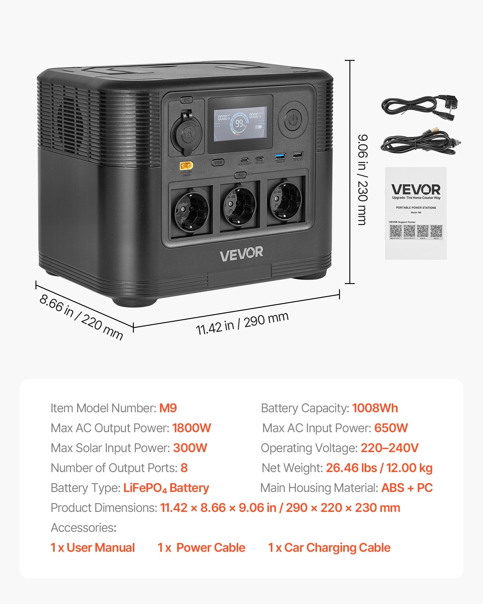 VEVOR Portable Power Station, 1800W Solar Generator Power Station, 1008Wh LiFePO4 Battery Backup with 8 Output Ports for for Home Emergency, Outdoor Camping, RV Travel (Solar Panel NOT Included)