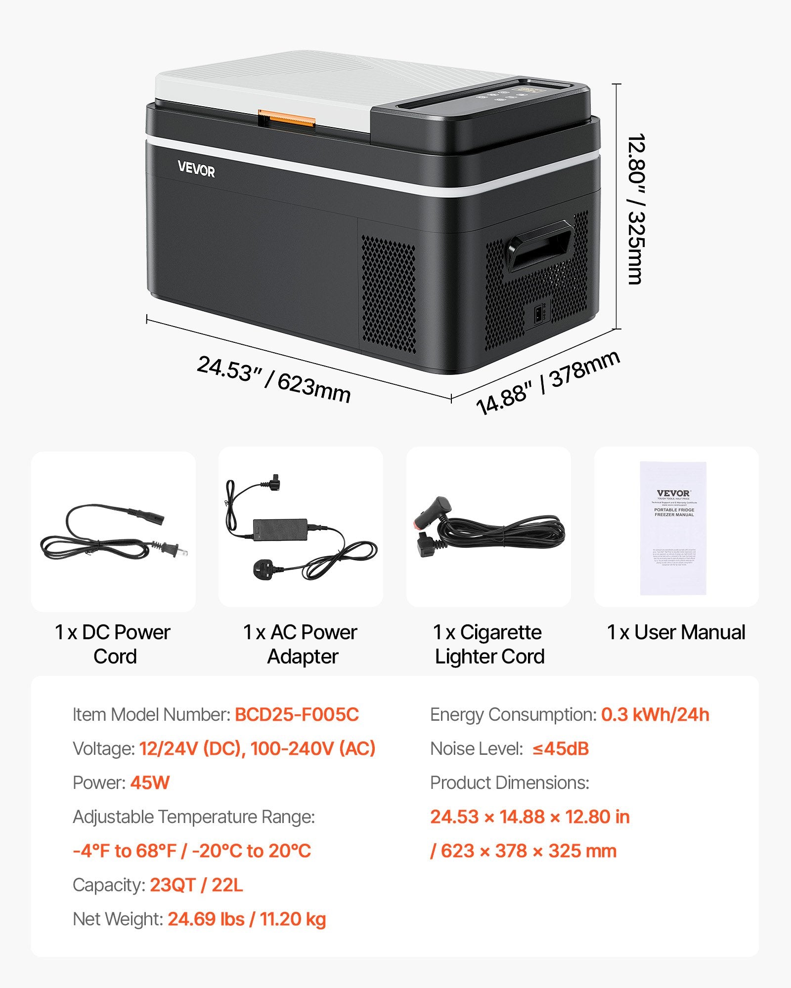VEVOR Car Refrigerator, DC 12/24V AC100-240V Compressor Electric Cooler, -20°C to 20°C Car Fridge with APP Control, 22L Cars Freezer for RVs, Campsites, Boats, Camping, Fishing, 45W Portable Freezer