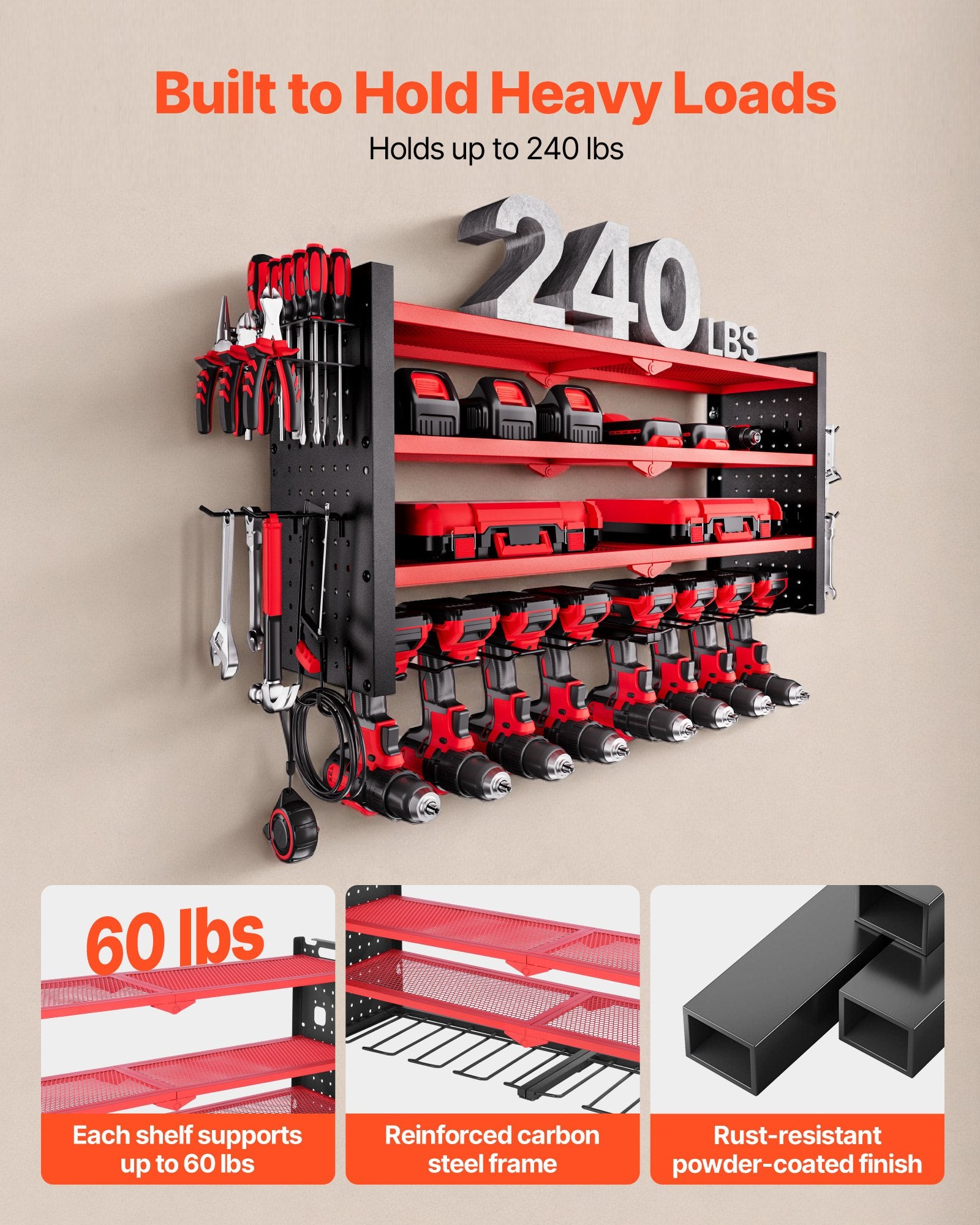 VEVOR Power Tool Organizer Wall Mount, 4-Layer Storage Rack with 8 Drill Holders, Tools Holder and Storage Rack with Side Pegboards, Garage Tool Organizer for Garage, Workbench, and Workshop