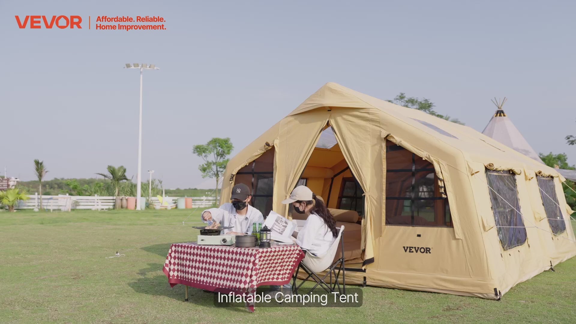 VEVOR Inflatable Tents for Camping, 8-12 Person Easy Setup Blow up Tent with Hand Pump, 4 Season Luxury Glamping Tent with 2 Skylights, Canopy, Stove Jack, 2 Doors & Mesh Windows (Include Storage Bag)