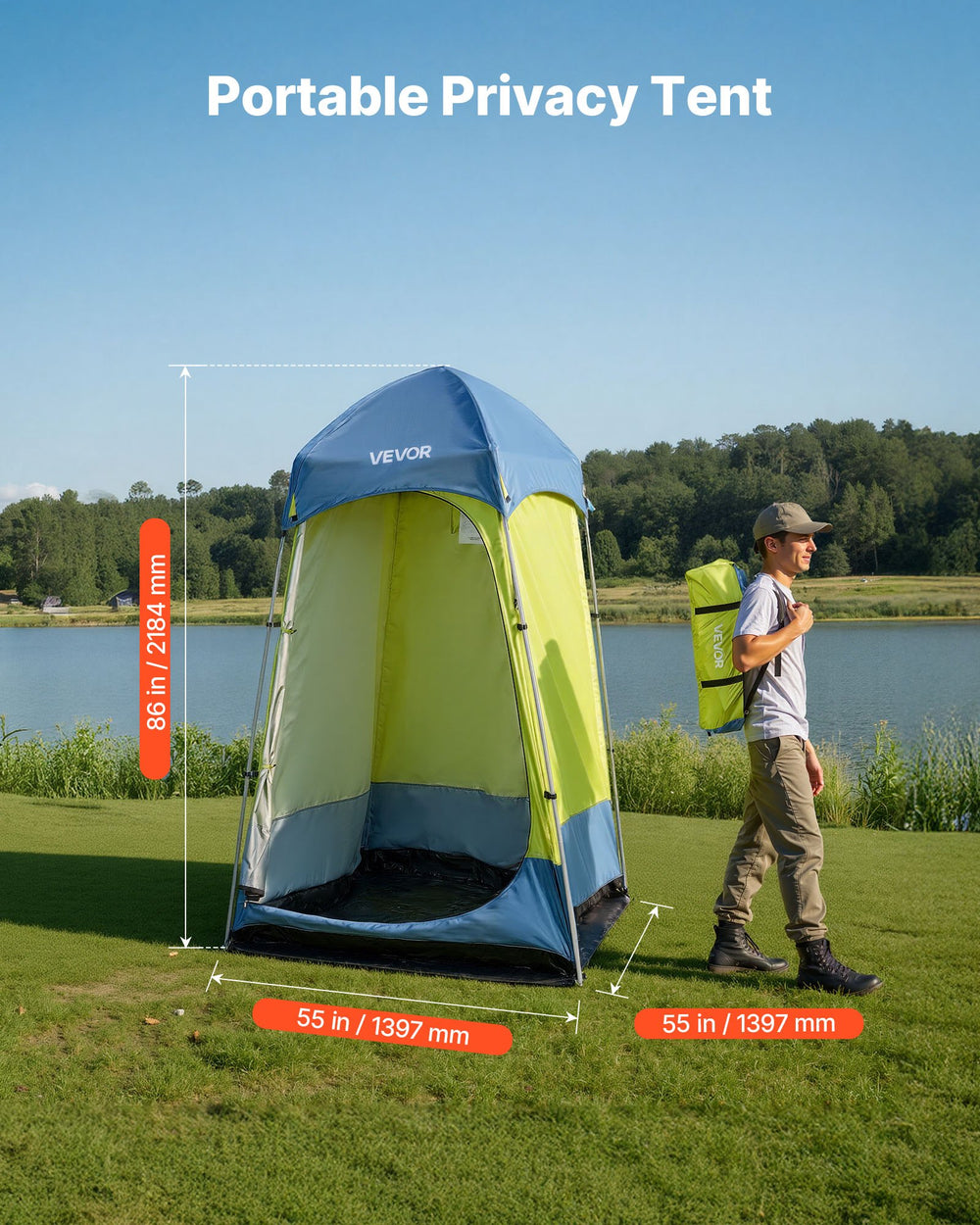 VEVOR Camping Shower Tent, 1 Room, Portable Privacy Tent Changing Room with Ground Stakes, Ropes, Carry Bag, and Steel Poles, 200D Oxford Fabric with Silver Coating, for Camping, Beach, Fishing