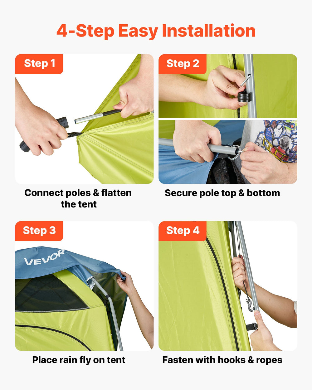 VEVOR Camping Shower Tent, 1 Room, Portable Privacy Tent Changing Room with Ground Stakes, Ropes, Carry Bag, and Steel Poles, 200D Oxford Fabric with Silver Coating, for Camping, Beach, Fishing