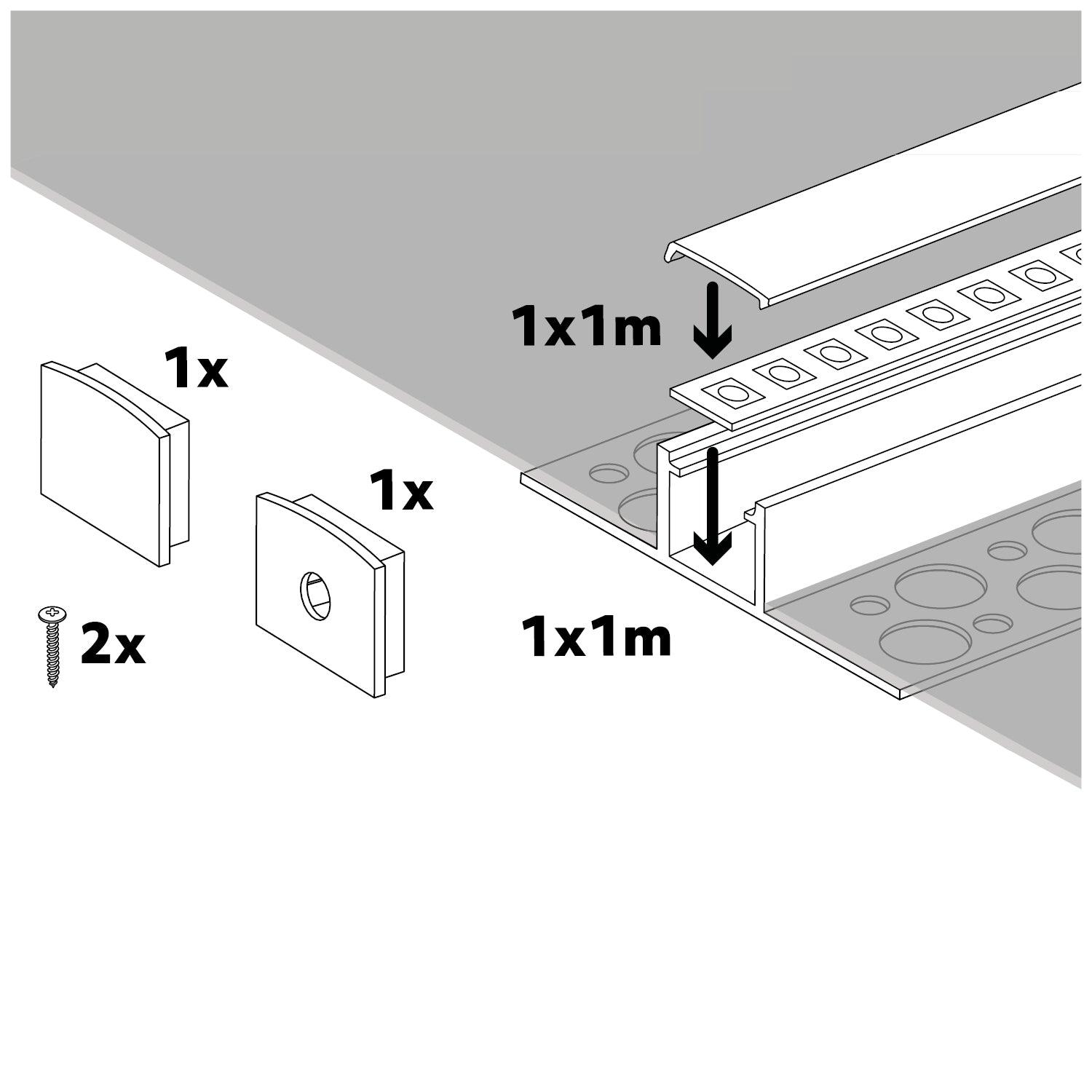 Recessed profile KG02 anodized silver + milky cover 1m Kobi