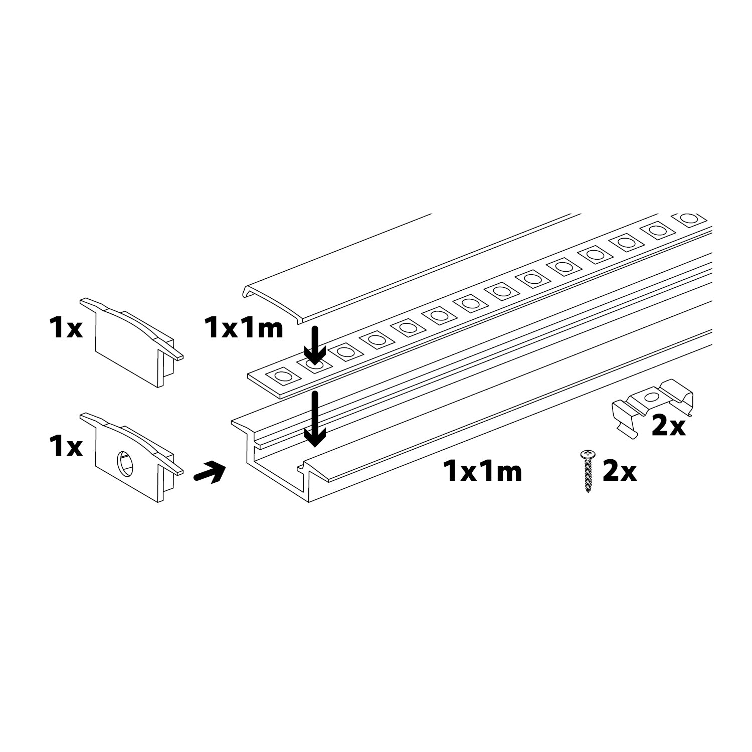 Recessed profile P02 anodized silver + milky cover 1m Kobi