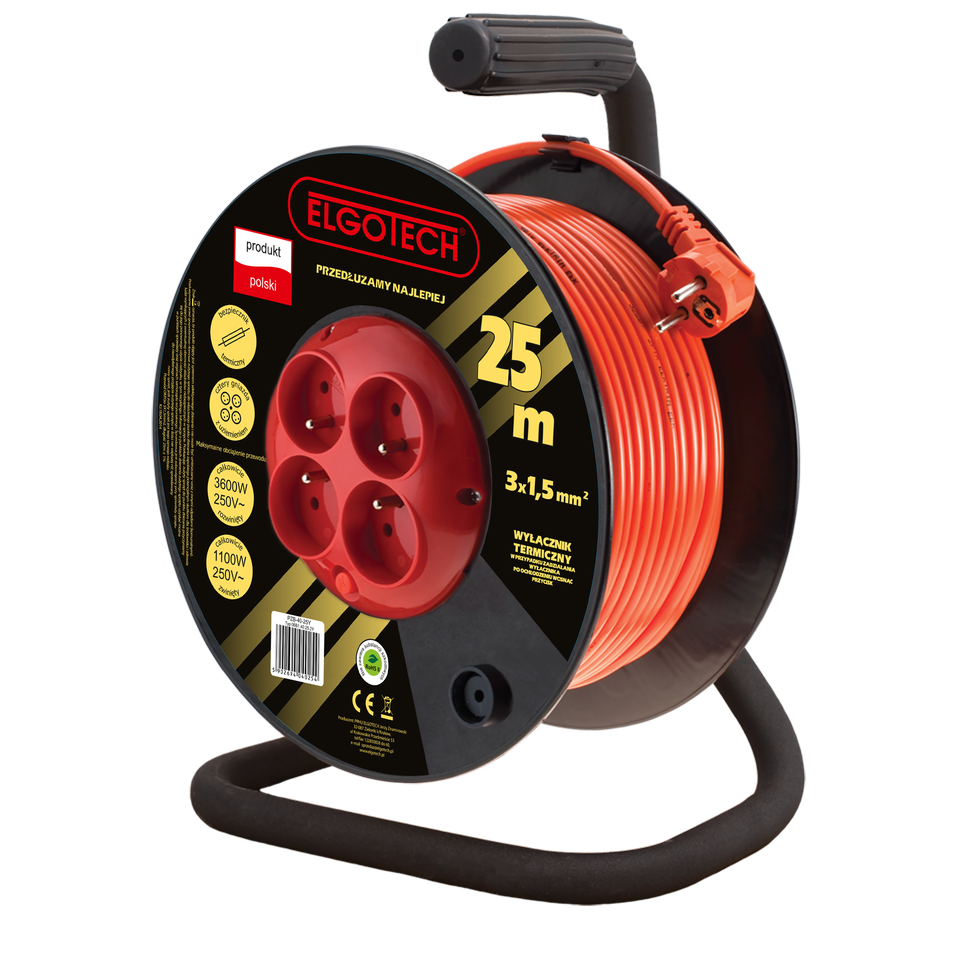 Przedłużacz bębnowy PZB-40-20Y 4gn/20m/Zu/1,5mm pomarańczowy Elgotech