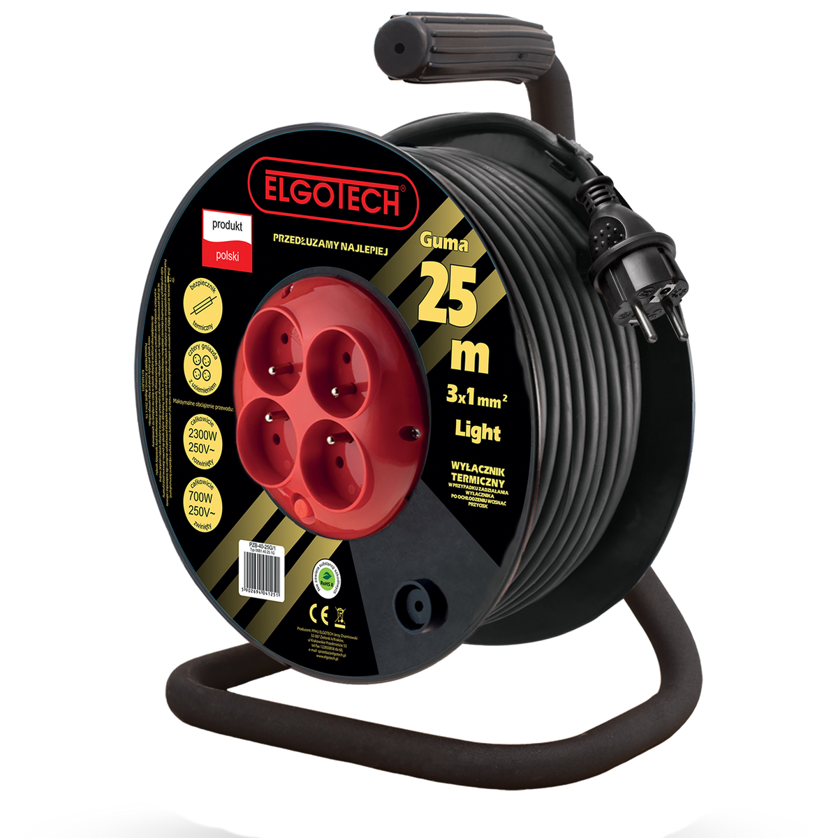 Cable reel extension 4s/25m/with grounding/1mm black rubber Elgotech