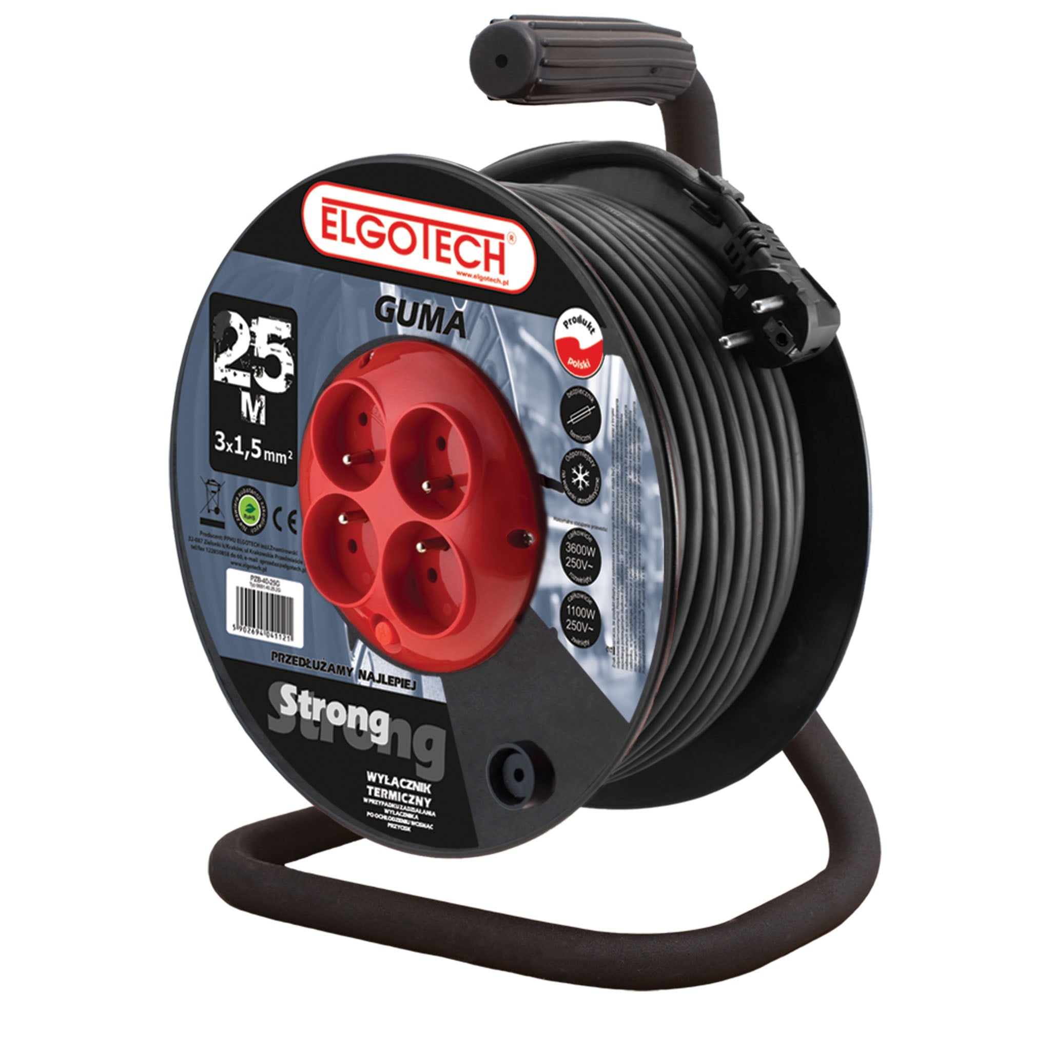 Przedłużacz bębnowy PZB-40-25G/2,5 4gn/25m/Zu/2,5mm czarny guma Elgotech