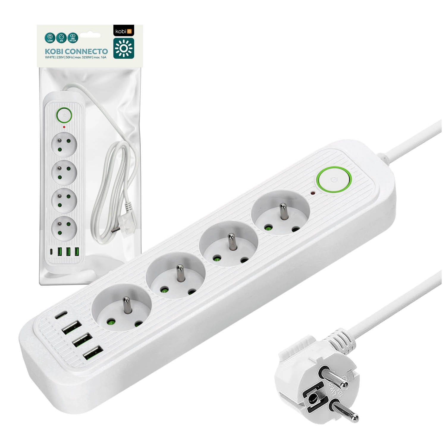 Extension cord CONNECTO 4 sockets+USB/1,5m/Zu+W/1,5mm white Kobi Design