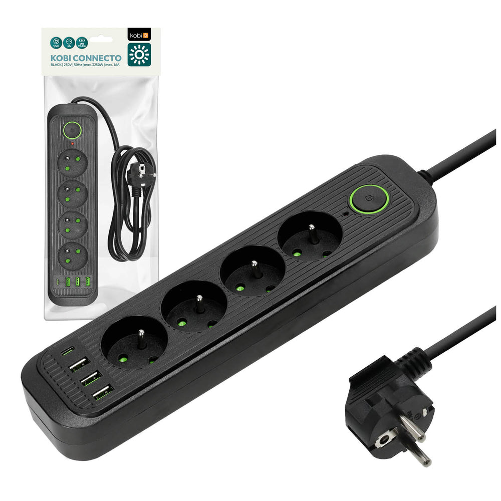 Extension cord CONNECTO 4 sockets+USB/1,5m/Zu+W/1,5mm black Kobi Design