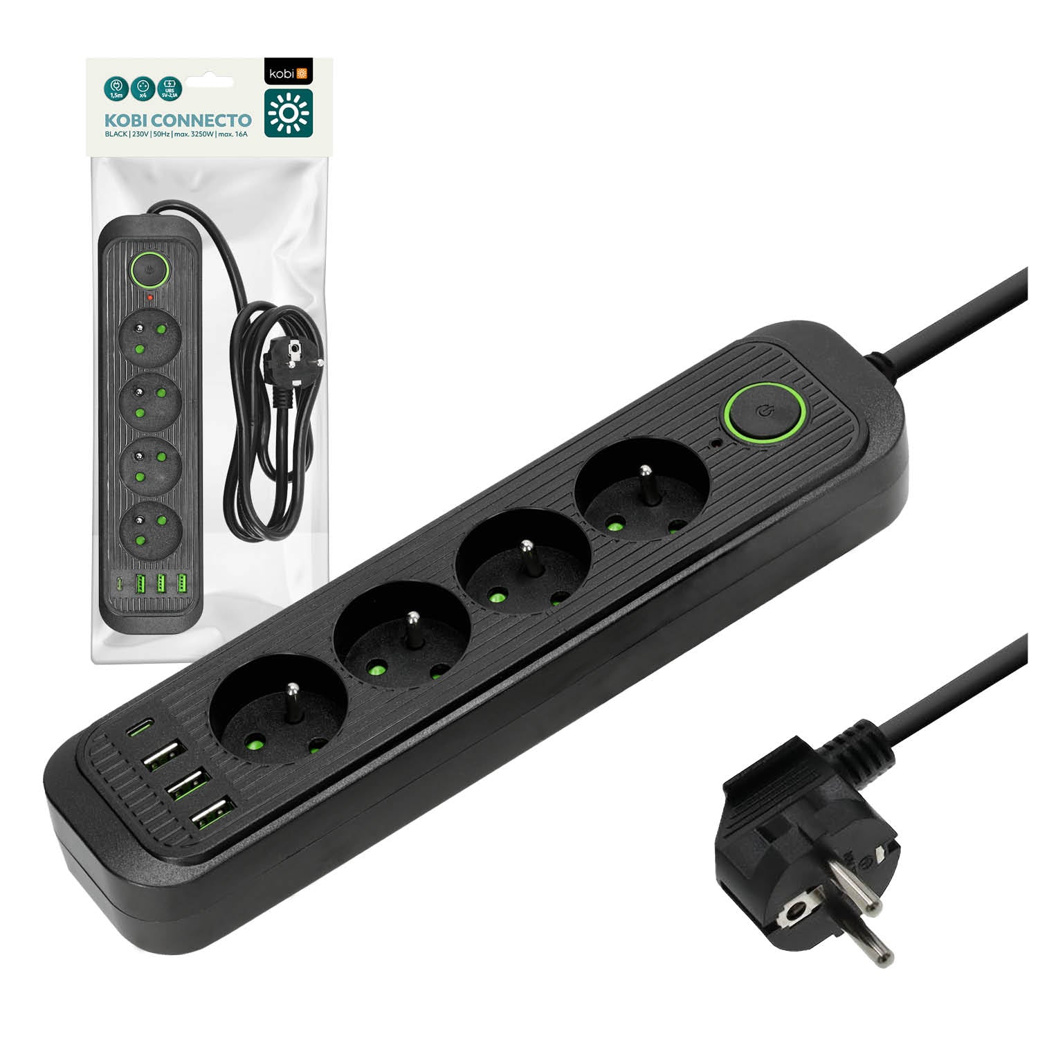 Extension cord CONNECTO 4 sockets+USB/1,5m/Zu+W/1,5mm black Kobi Design