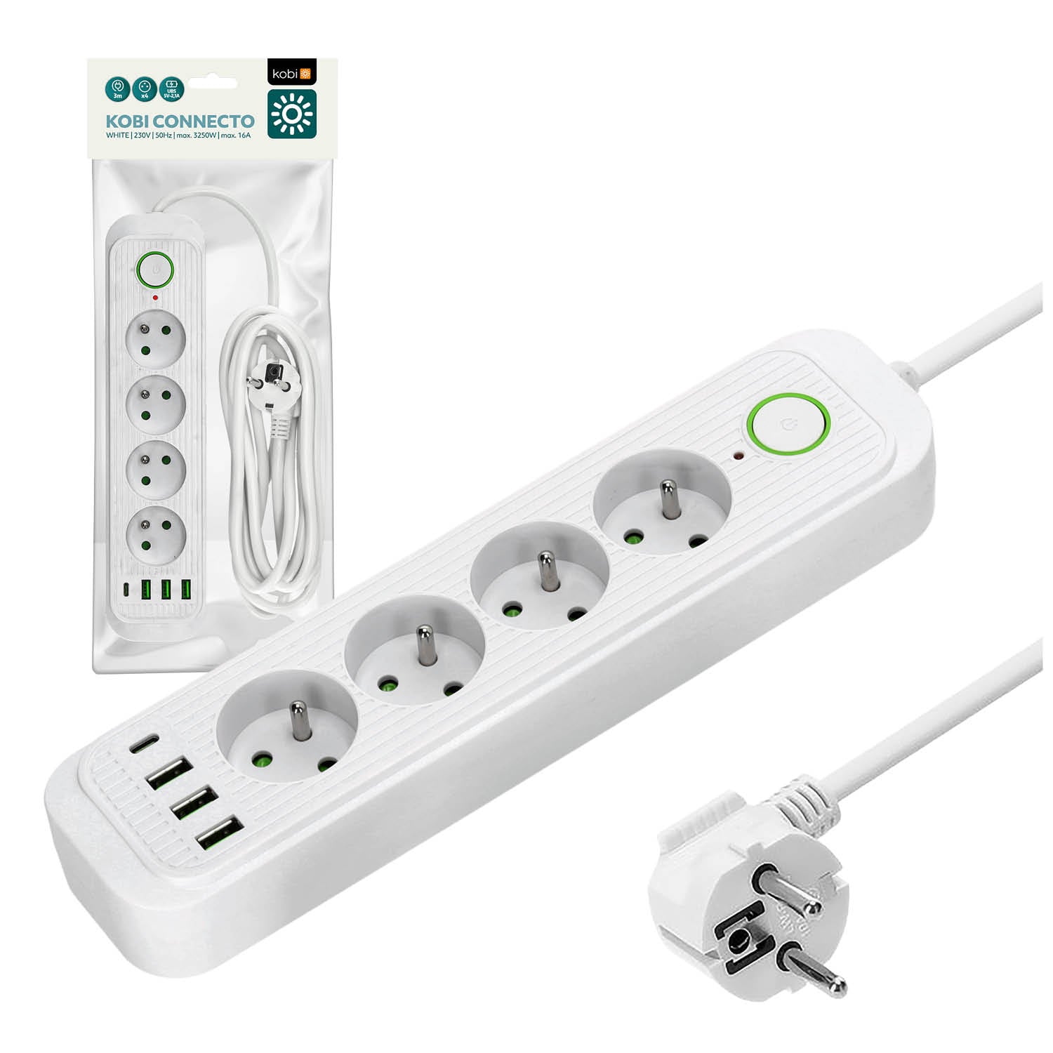 Extension cord CONNECTO 4 sockets+USB/3m/Zu+W/1,5mm white Kobi Design