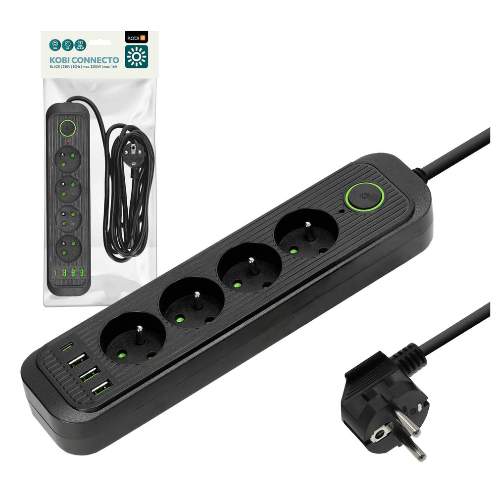 Extension cord CONNECTO 4 sockets+USB/3m/Zu+W/1,5mm black Kobi Design